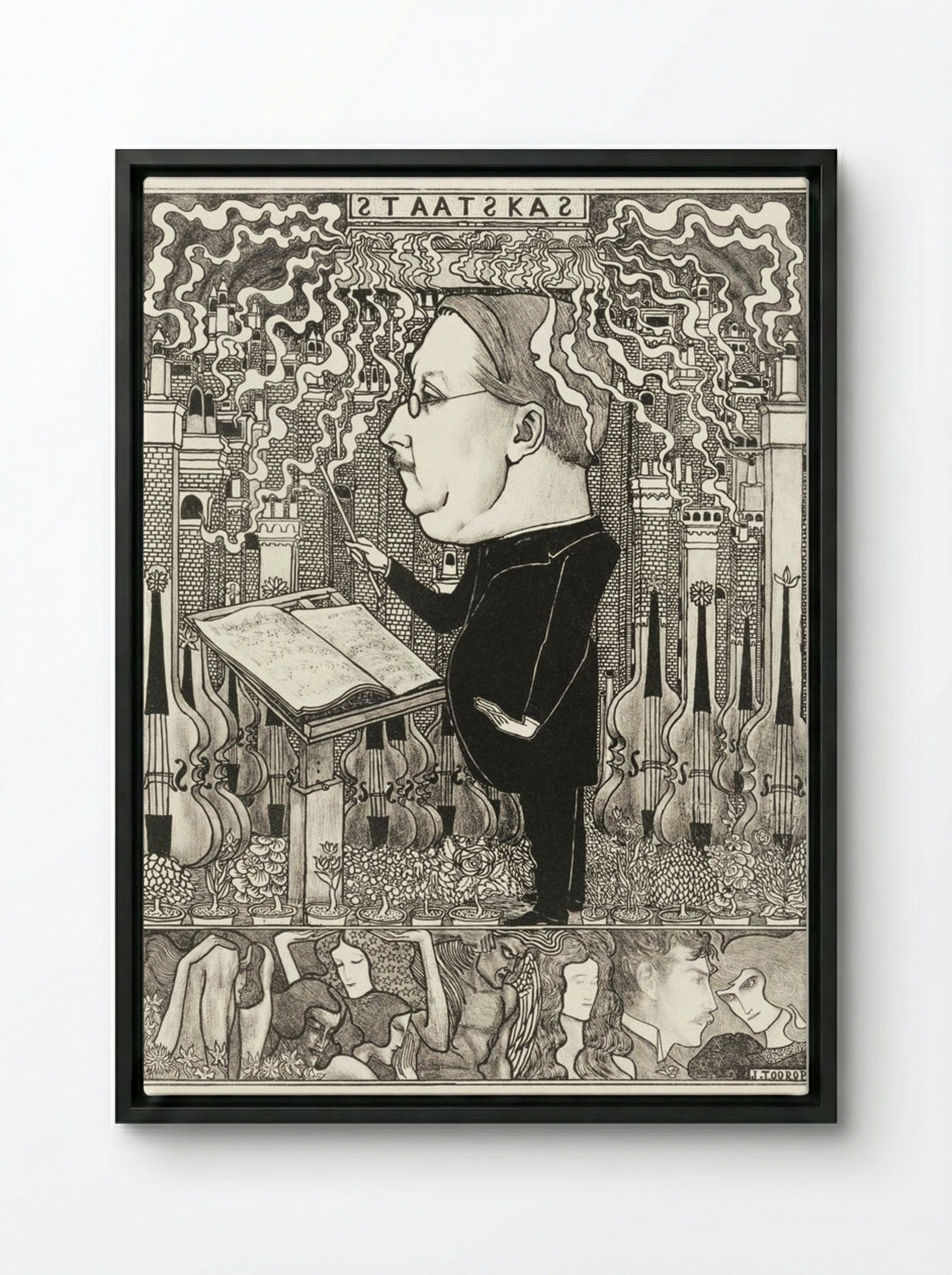 Conductor with Violins and Smoking Chimneys Behind - Jan Toorop - Framed Canvas Black