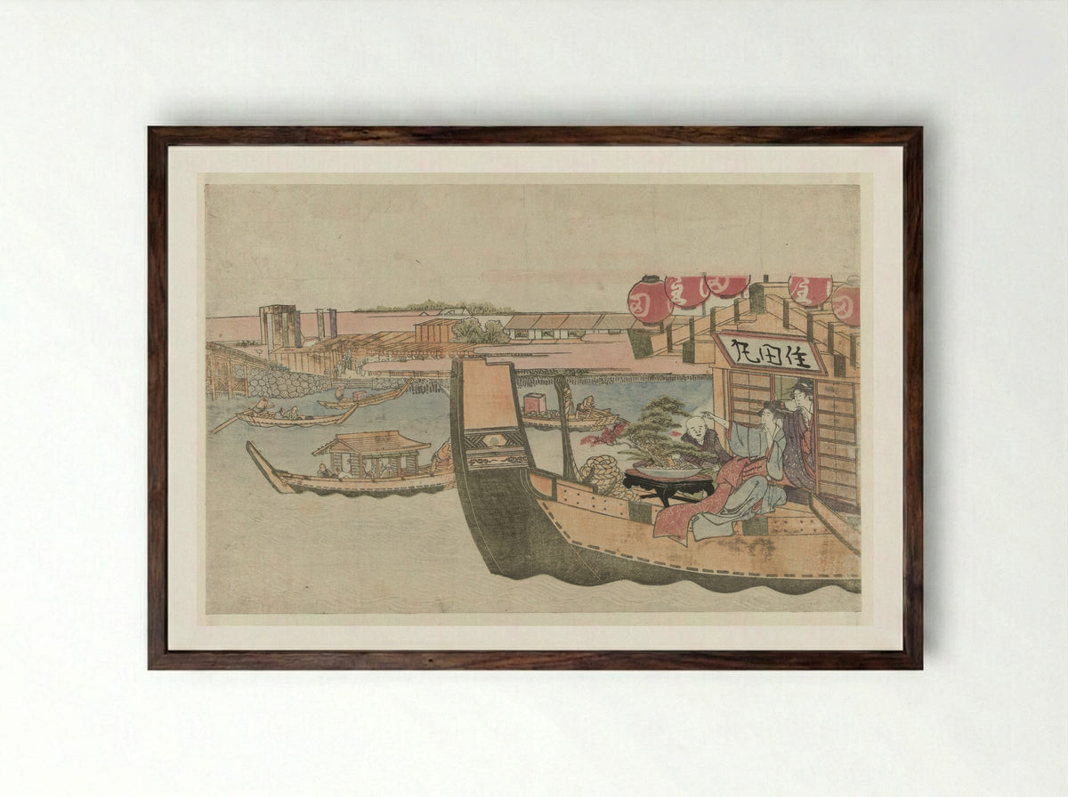Pleasure Boats on the Sumida River - Katsushika Hokusai - Framed Print Dark Wood