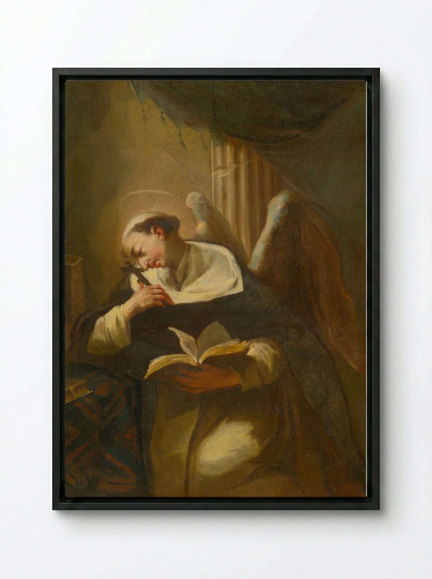 Kneeling Saint with Cross and Book - Fine Art Print - Framed Canvas Black