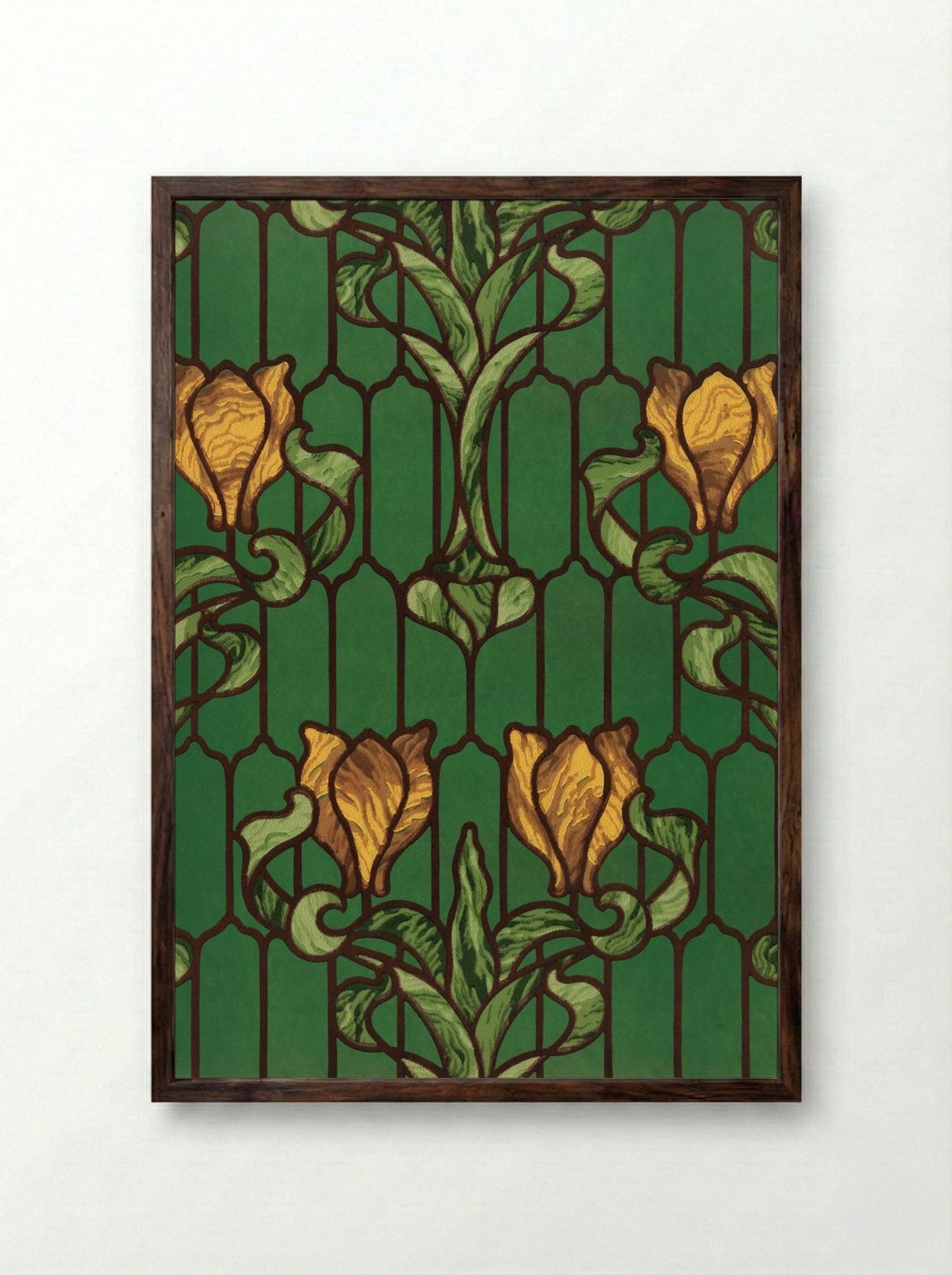 Flower Patterned Stained Glass (Yellow Tulip with Green Foliage) - Fine Art Print - Framed Print Dark Wood