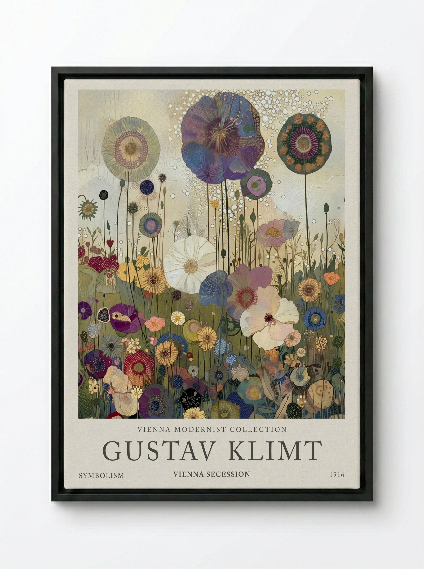 Golden Meadow Bloom – Gustav Klimt - Framed Canvas Black