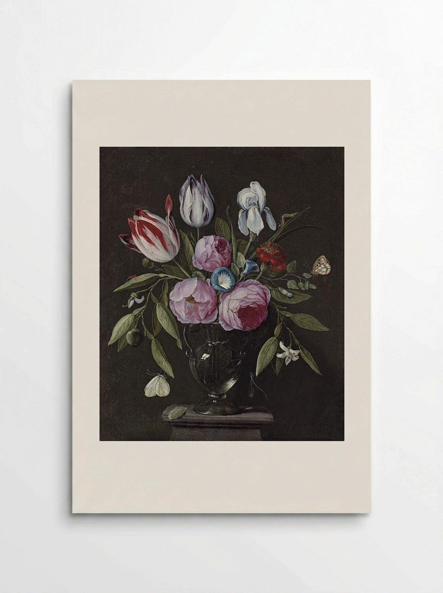 Roses, tulips, an iris and other flowers, in a glass vase on a stone plinth, with butterflies and other insects - Jan van Kessel the Elder - Poster