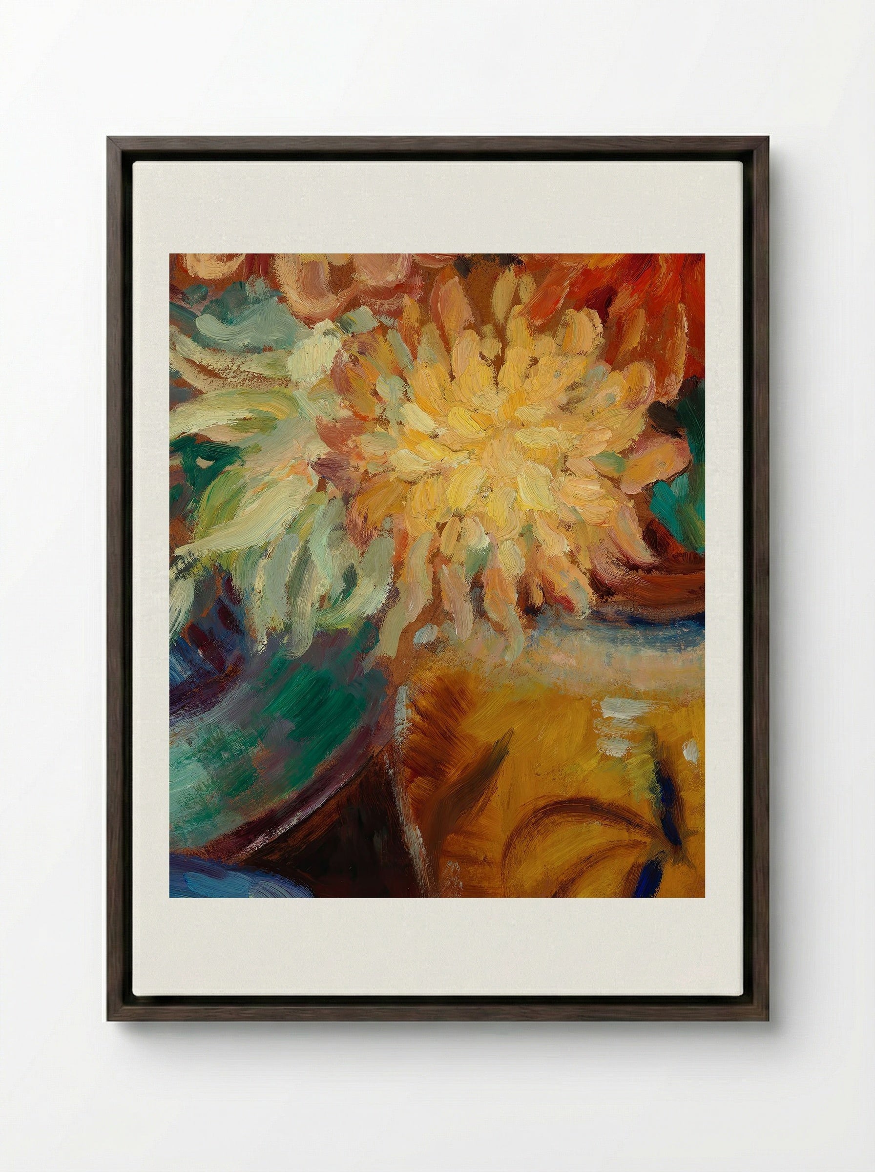 Chrysanthemums - Alfred William Finch - Framed Canvas Dark Wood