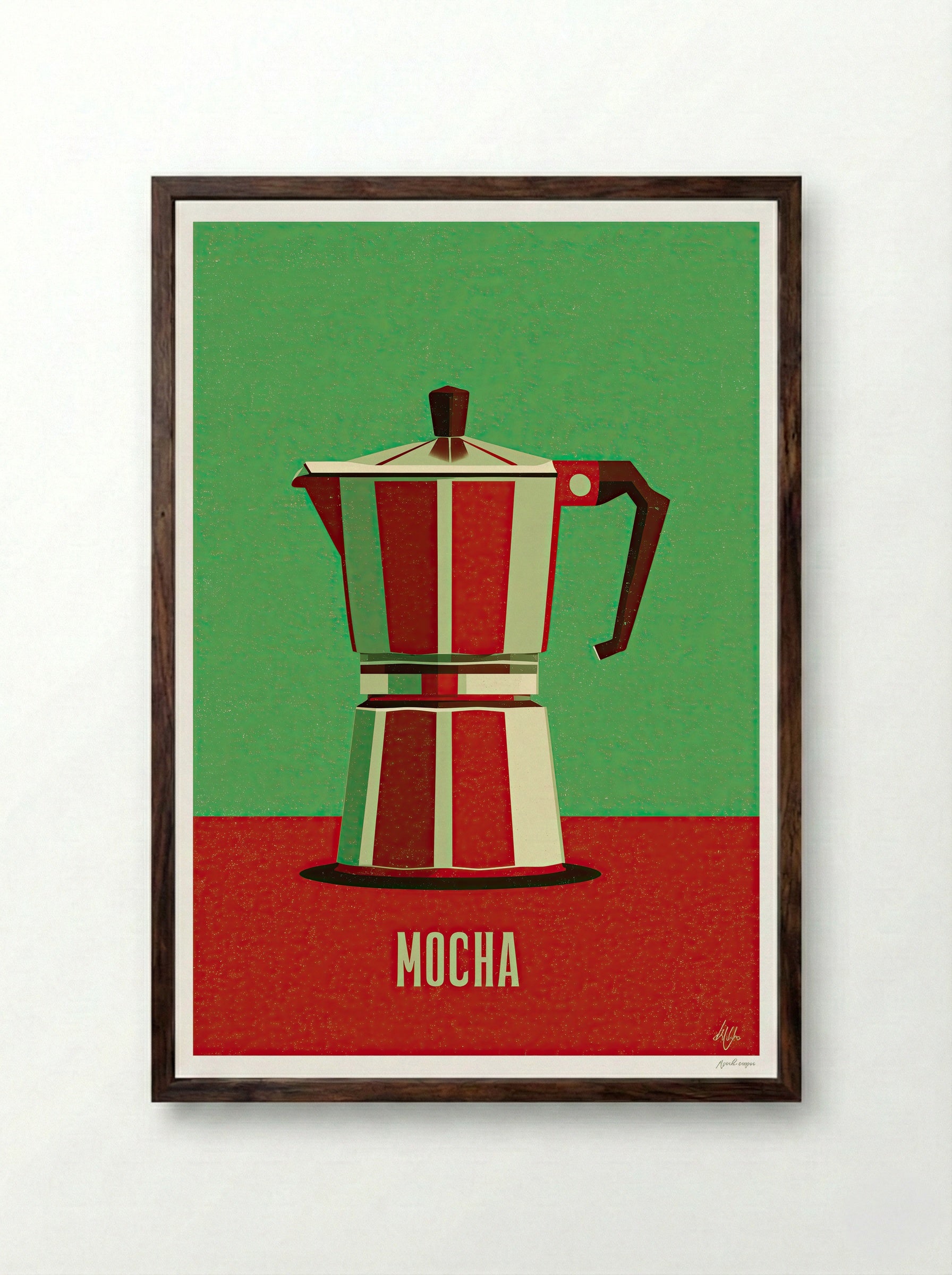Retro Mocha Coffee Pot – Vintage Kitchen Art Print - Framed Print Dark Wood