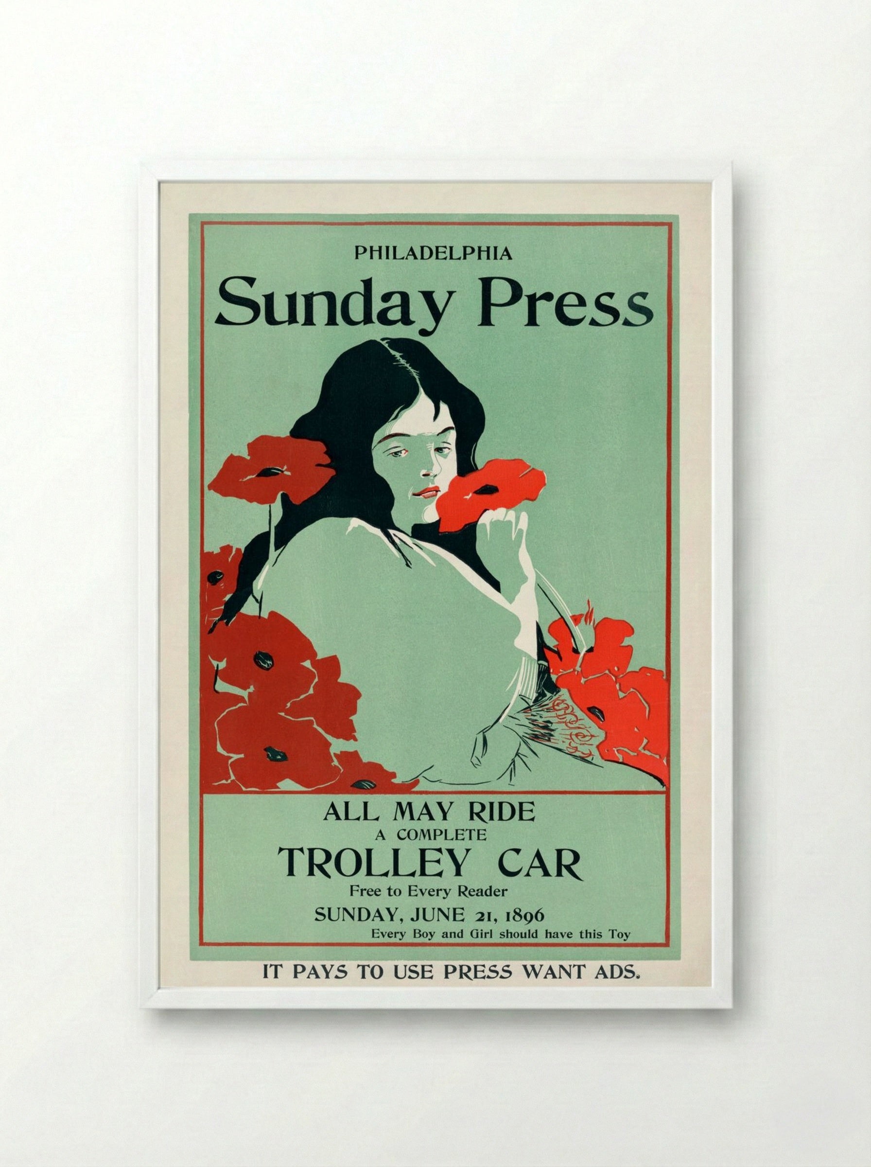 All May Ride: Philadelphia Sunday Press Trolley Car Advertisement - George Reiter Brill - Framed Print White