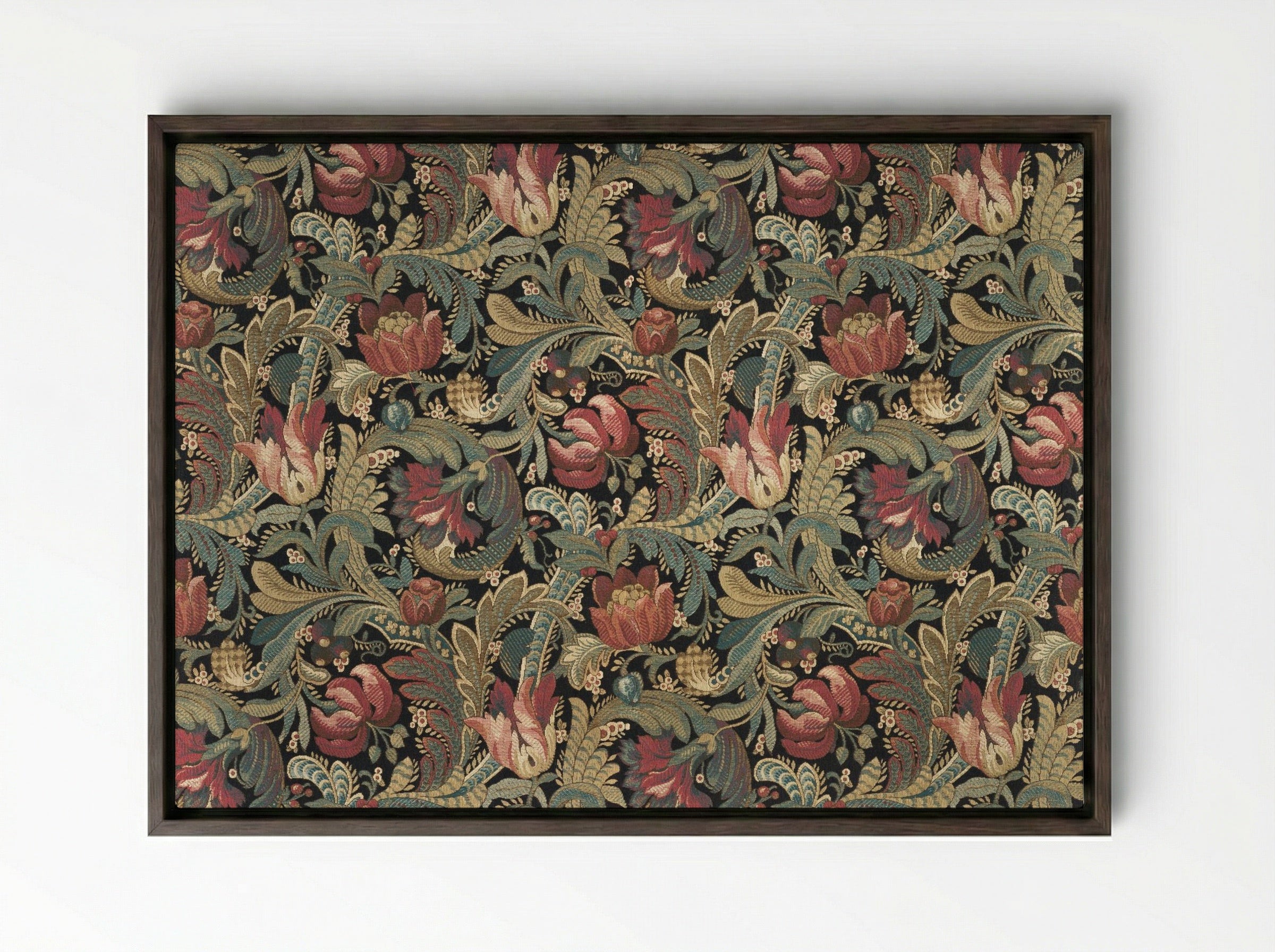 Floral Pattern with Tulips and Foliage - Fine Art Print - Framed Canvas Dark Wood