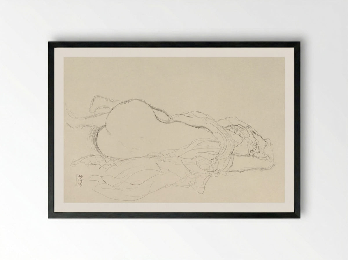 Reclining Nude with Drapery, Back View - Gustav Klimt - Framed Print Black