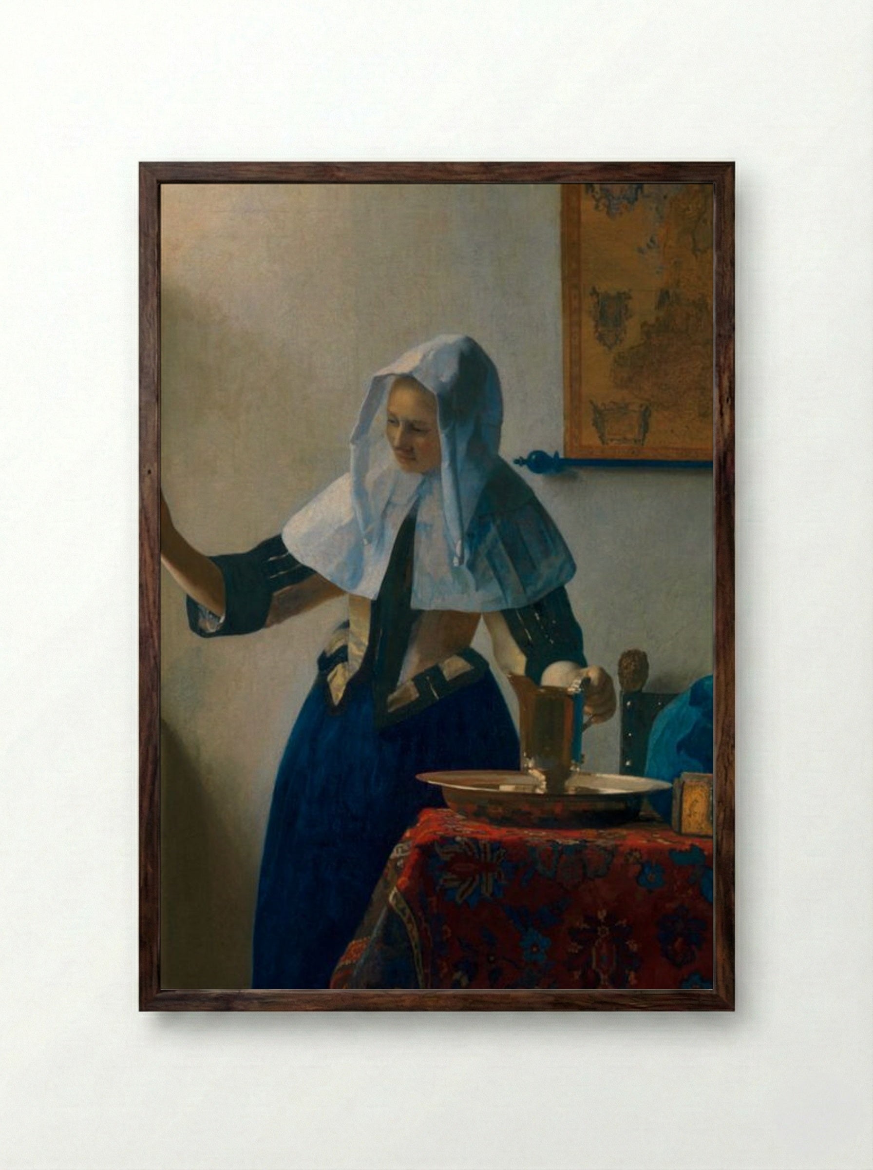 Young Woman with a Water Pitcher - Johannes Vermeer - Framed Print Dark Wood