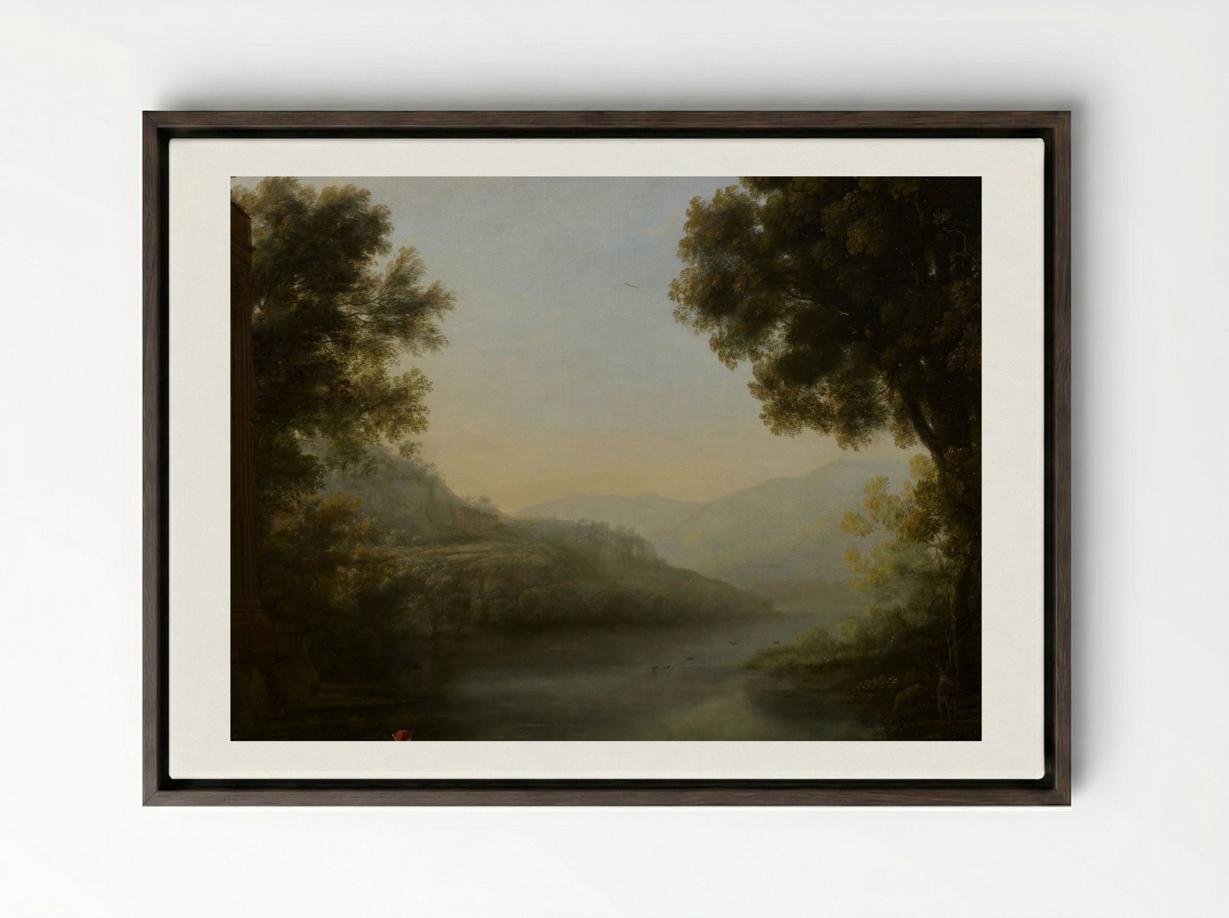 Two Goat Herders Seated on the Left Bank of a River Amidst Their Flock - Nicolaes Berchem - Framed Canvas Dark Wood