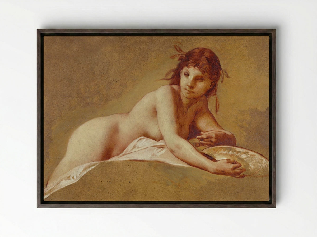 Reclining Nude with Seashell - Pierre-Victor Galland - Framed Canvas Dark Wood