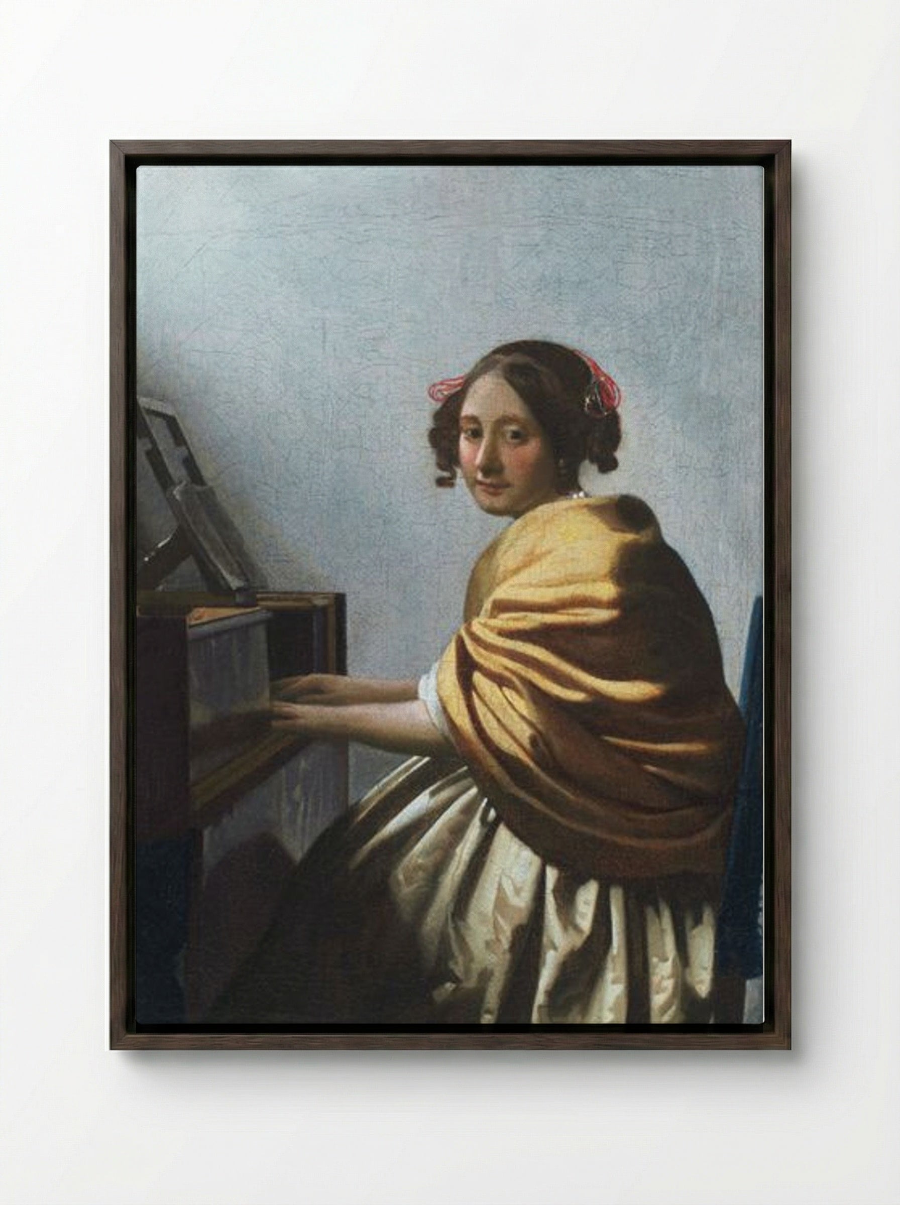 A Young Woman Seated at the Virginals - Johannes Vermeer - Framed Canvas Dark Wood