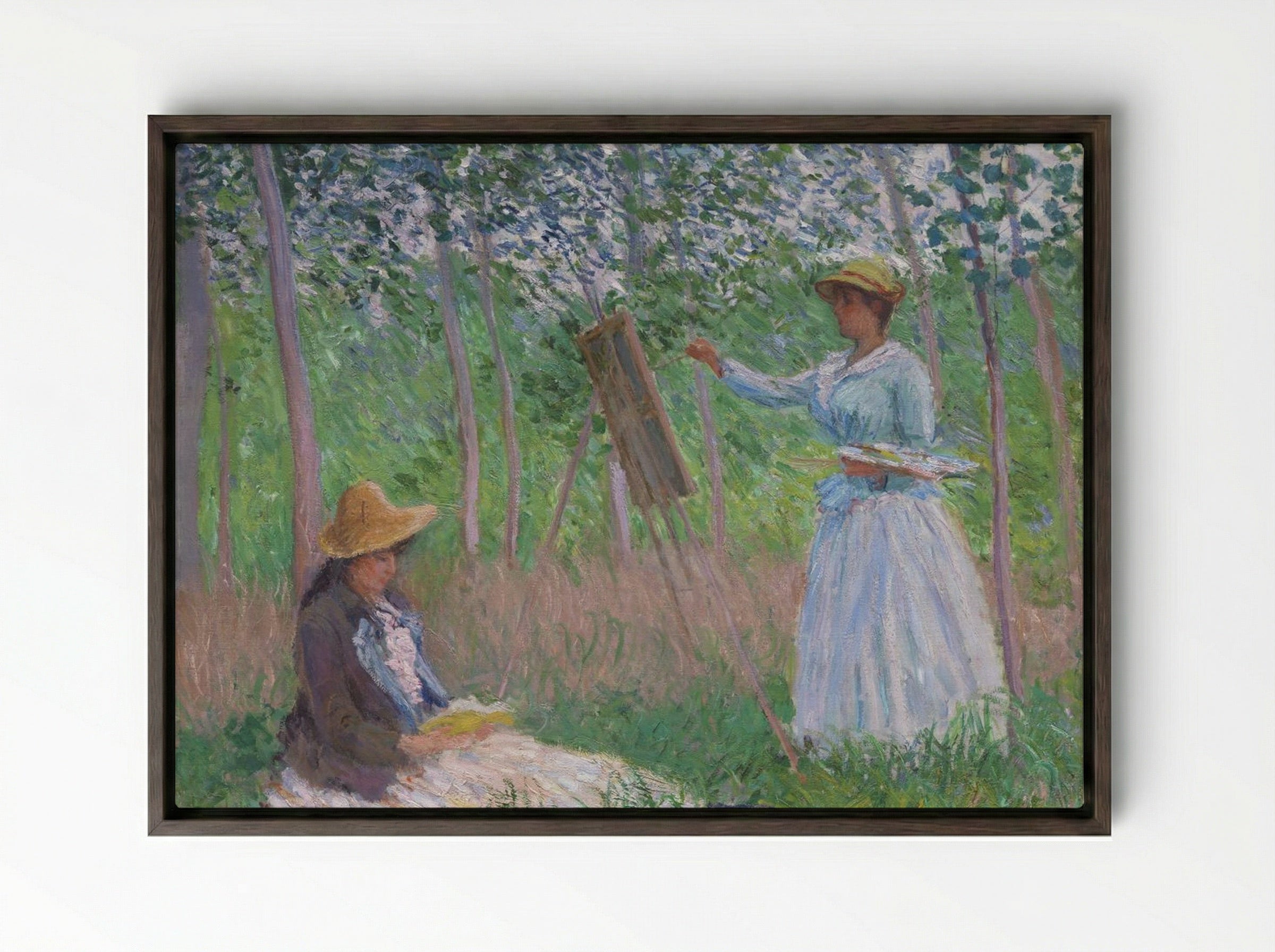 Blanche Hoschedé at Her Easel with Suzanne Hoschedé Reading - Claude Monet - Framed Canvas Dark Wood
