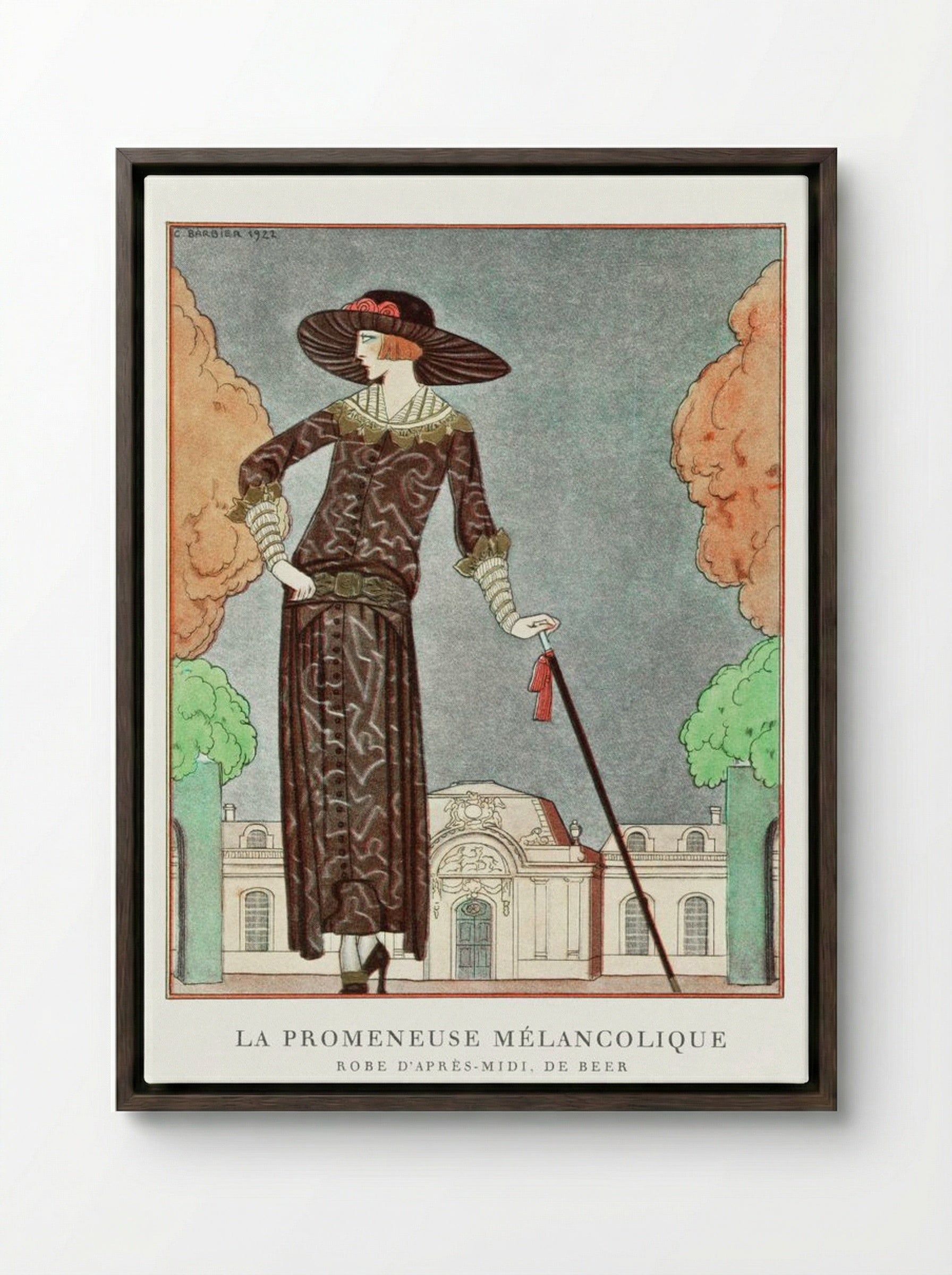 La Promeneuse Mélancolique - George Barbier - Framed Canvas Dark Wood