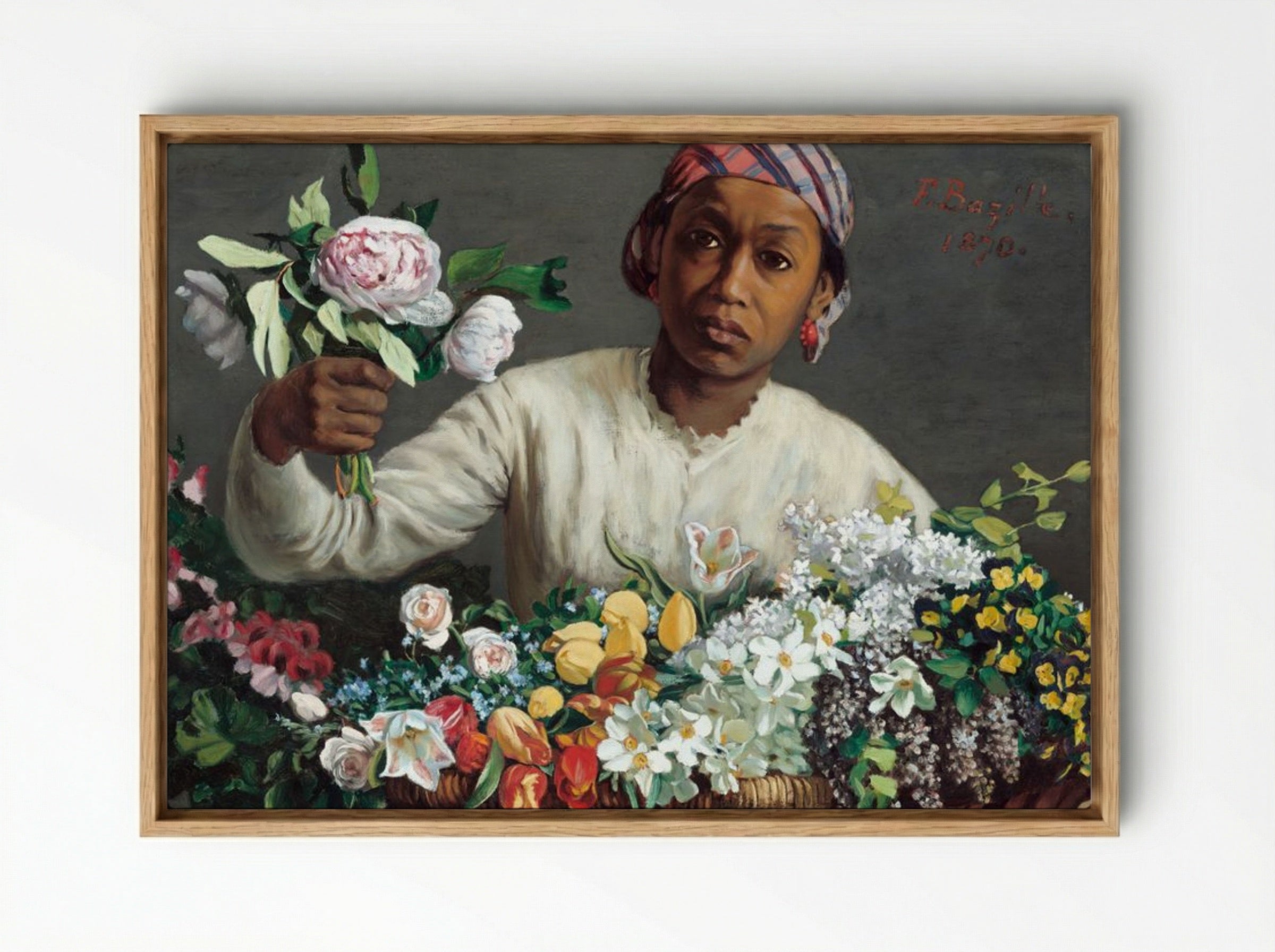 Young Woman with Peonies - Frédéric Bazille - Framed Canvas Wood