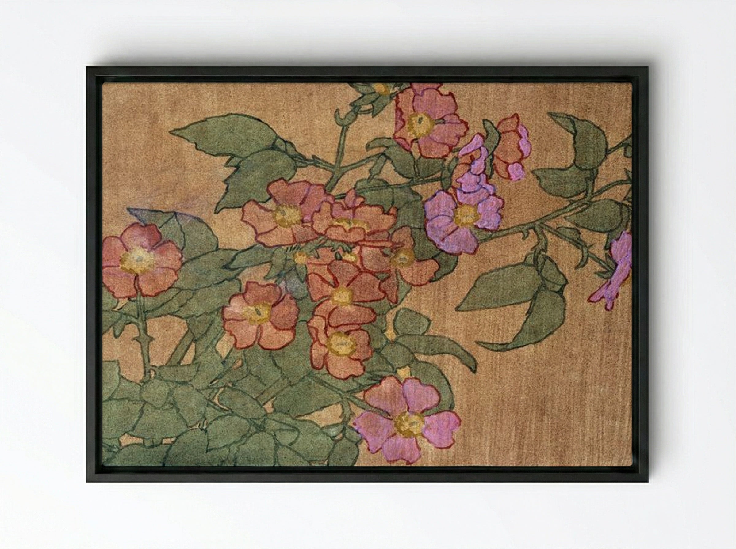 Pink Roses on Terracotta Colour Ground - Hannah Borger Overbeck - Framed Canvas Black