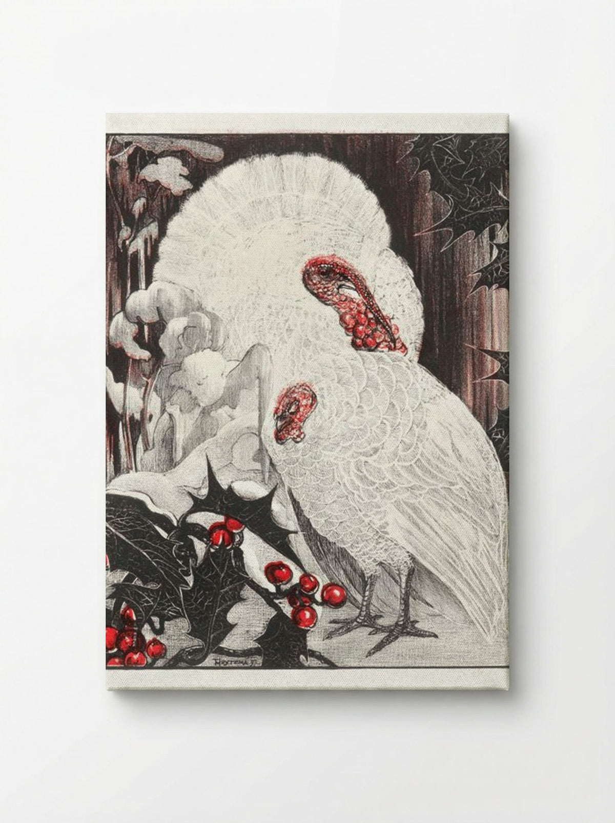 Two White Turkeys with Holly Branches in the Snow - Theo van Hoytema - Canvas