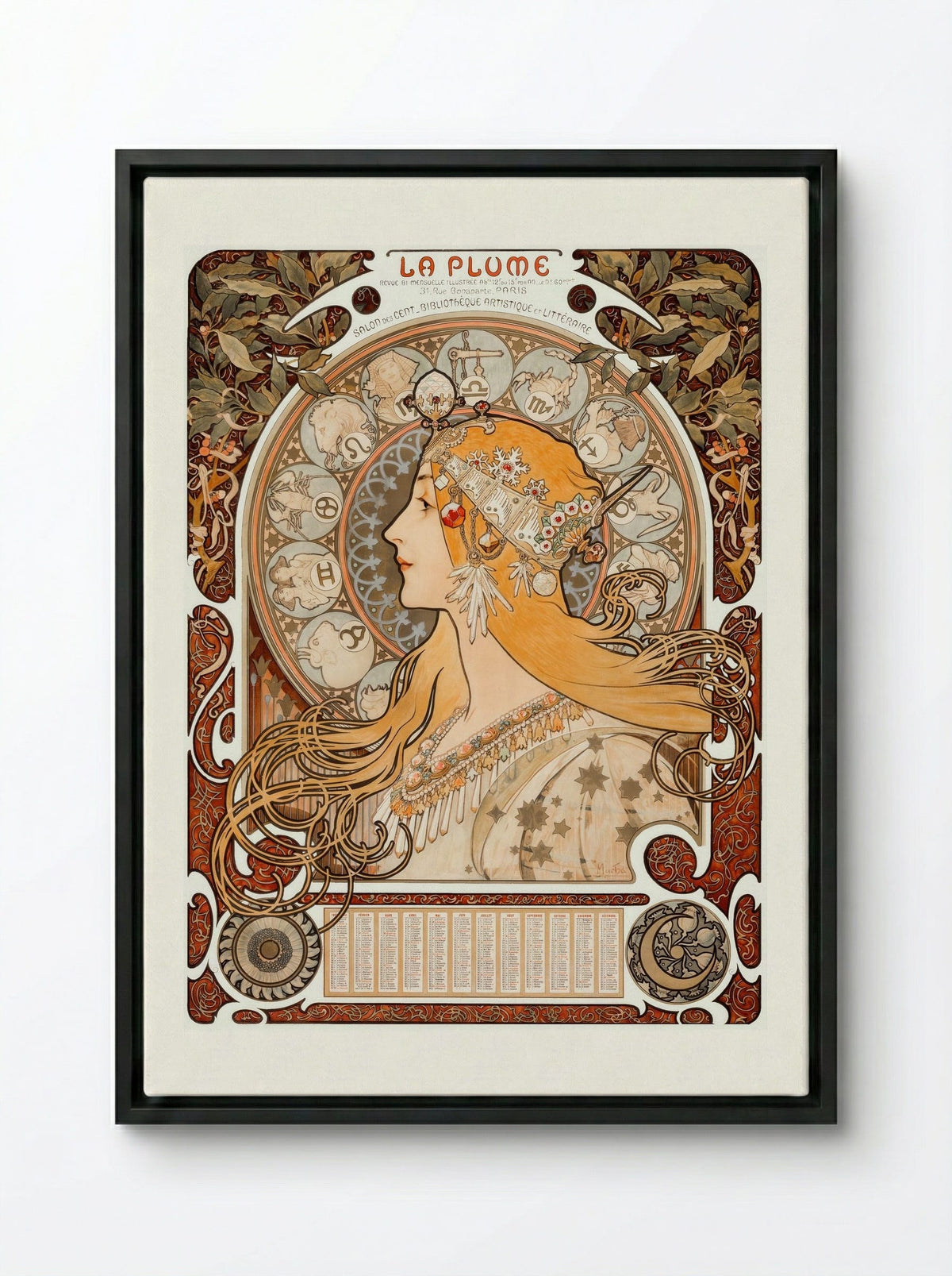 Zodiaque (La Plume) - Alphonse Mucha - Framed Canvas Black