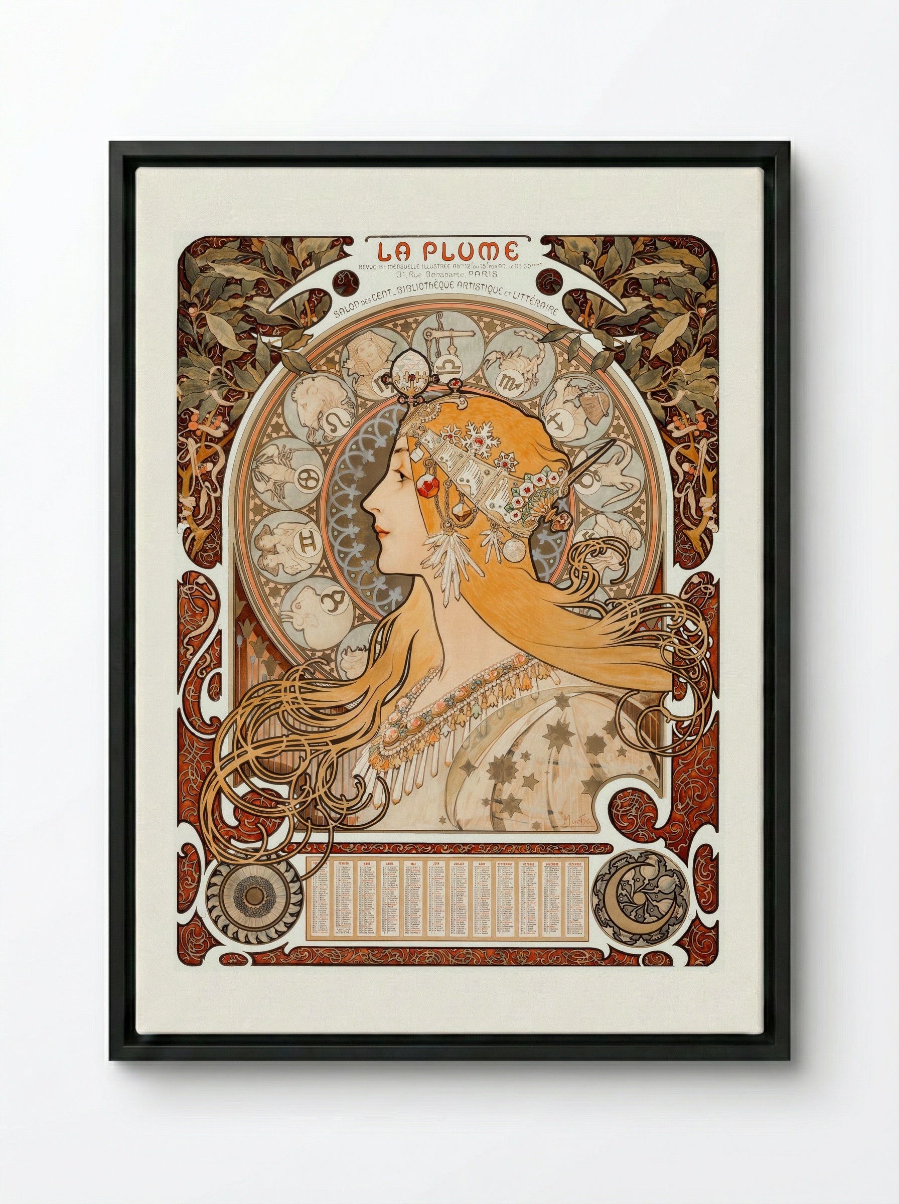 Zodiaque (La Plume) - Alphonse Mucha - Framed Canvas Black