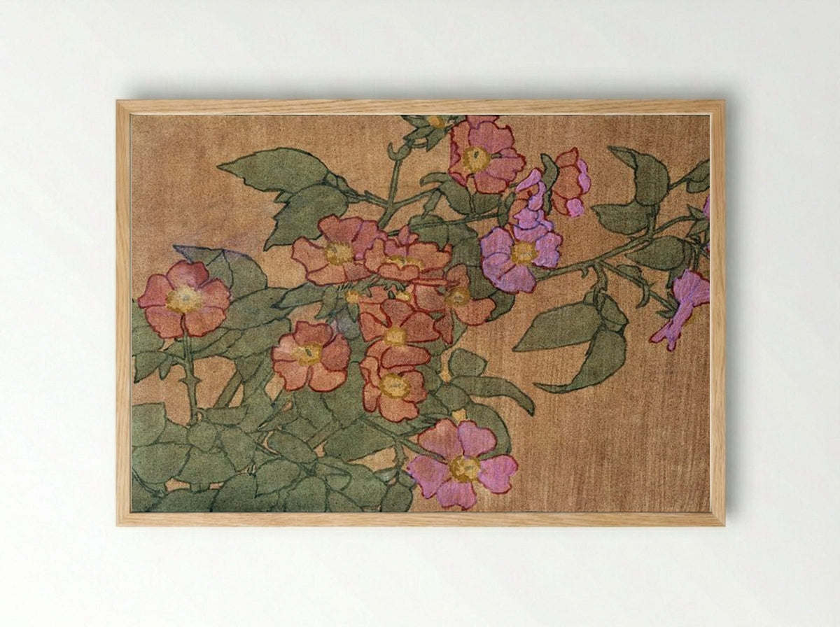 Pink Roses on Terracotta Colour Ground - Hannah Borger Overbeck - Framed Print Wood