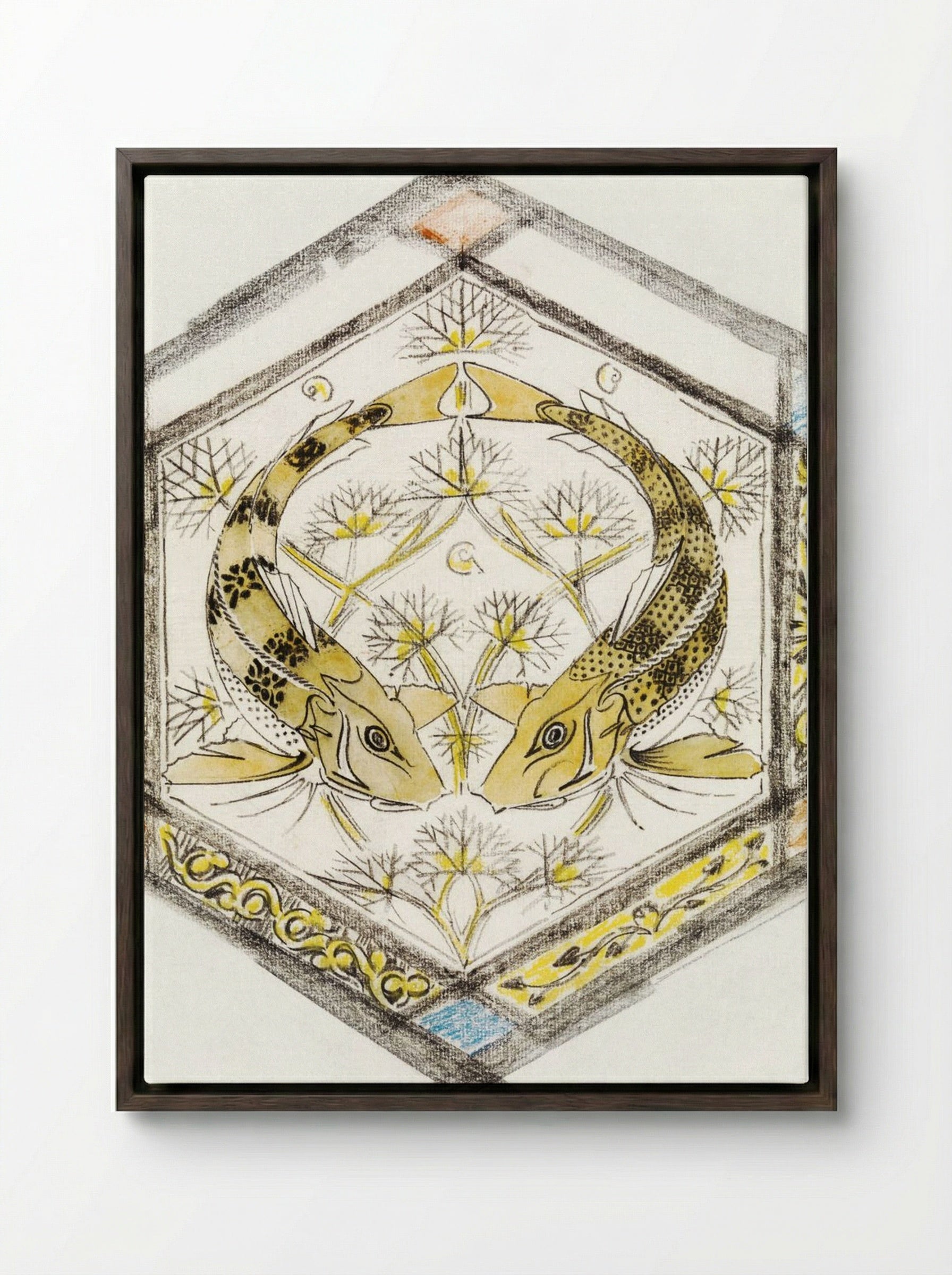 Decorative Design with Two Fish in a Hexagon - Gerrit Willem Dijsselhof - Framed Canvas Dark Wood