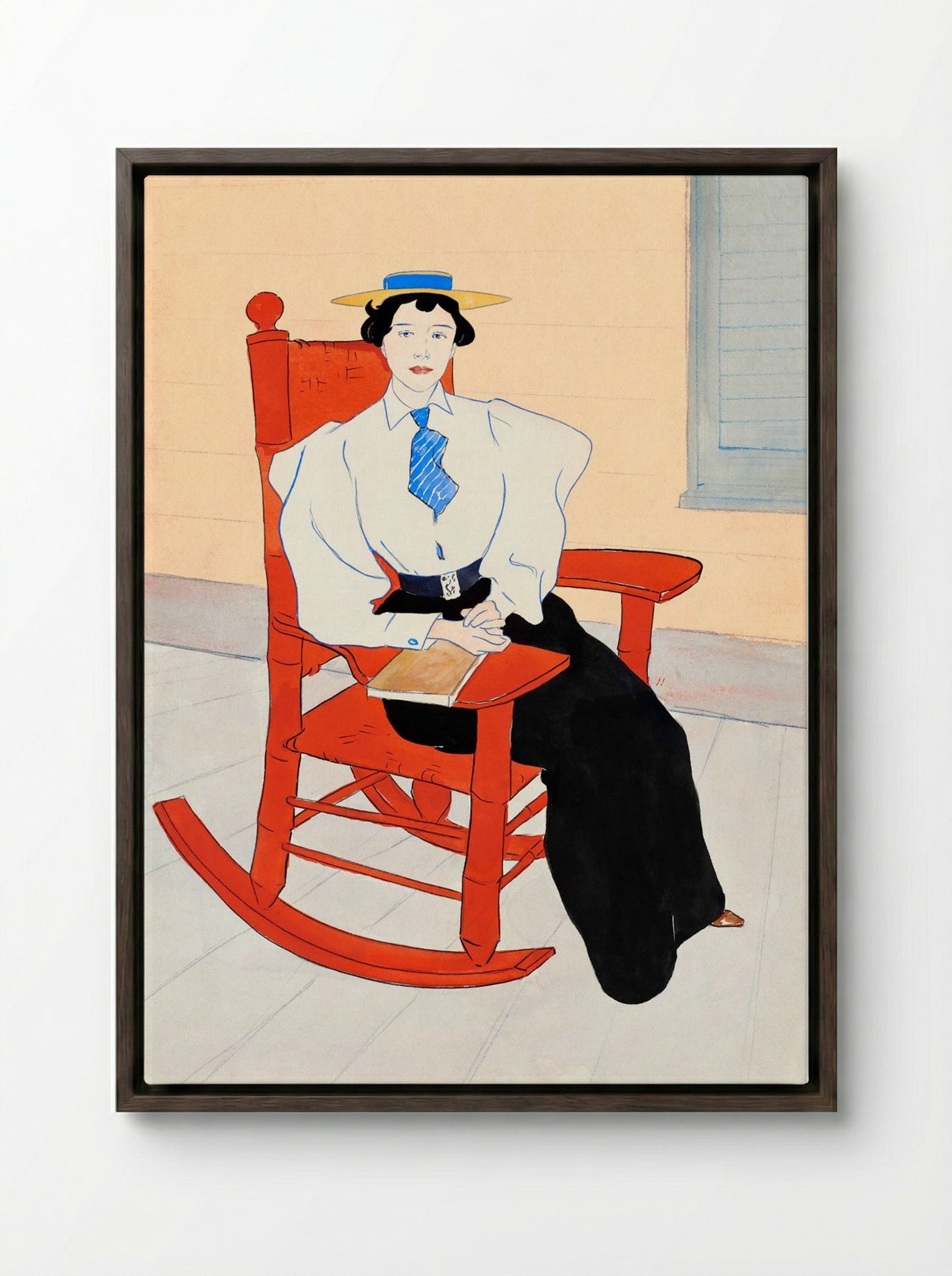 Young Woman Seated in a Red Rocking Chair - Edward Penfield - Framed Canvas Dark Wood