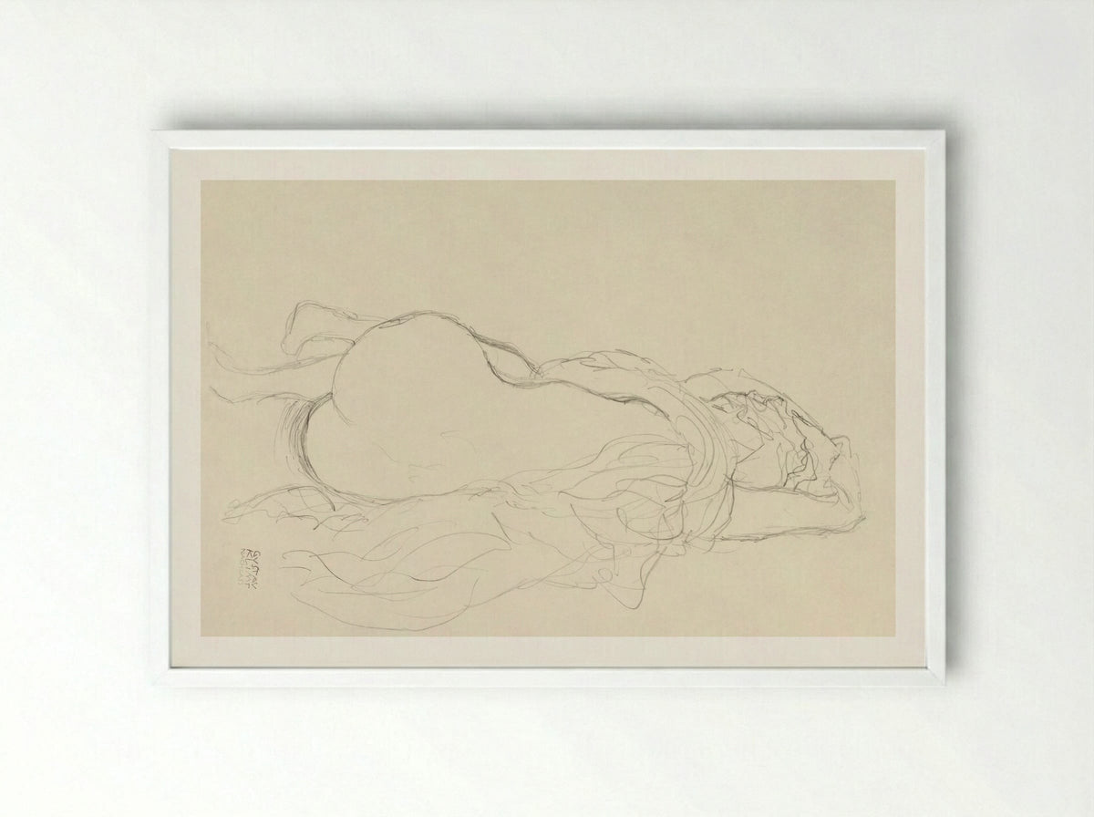 Reclining Nude with Drapery, Back View - Gustav Klimt - Framed Print White