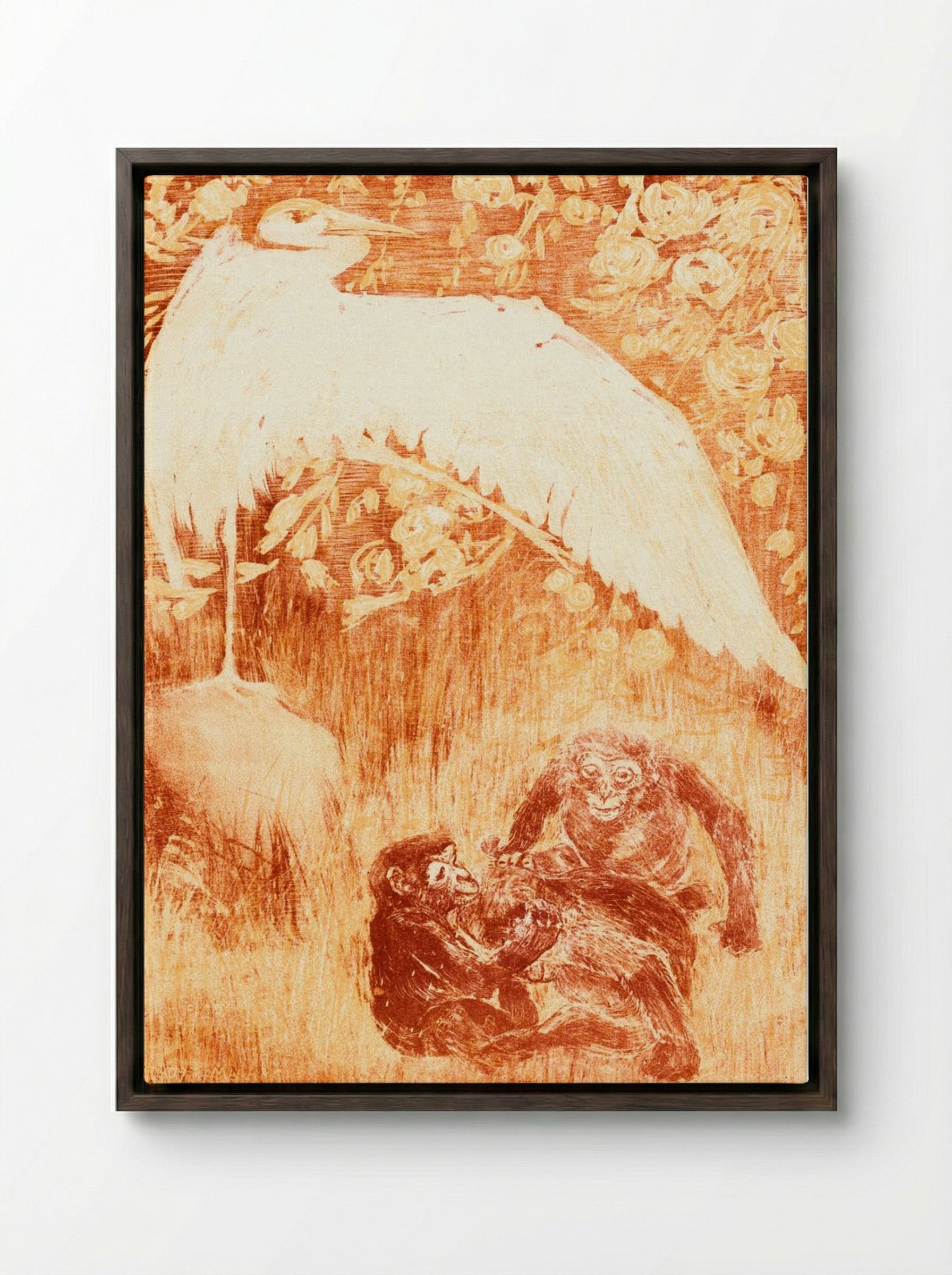 Reiger met drie apen (Heron with Three Monkeys) - Theo van Hoytema - Framed Canvas Dark Wood