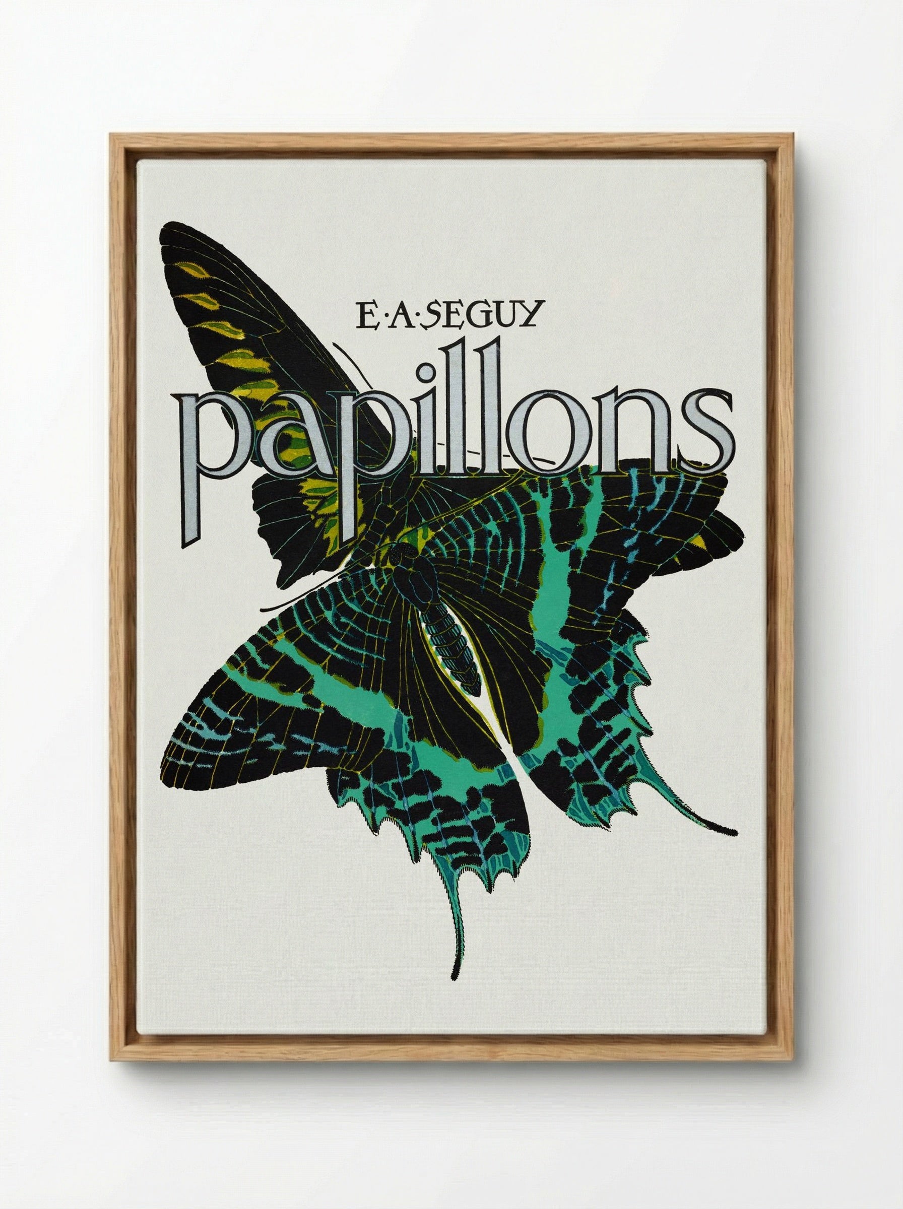 Papillons, Plate No. 1 (Teal and Black Butterfly) - Émile-Allain Séguy - Framed Canvas Wood