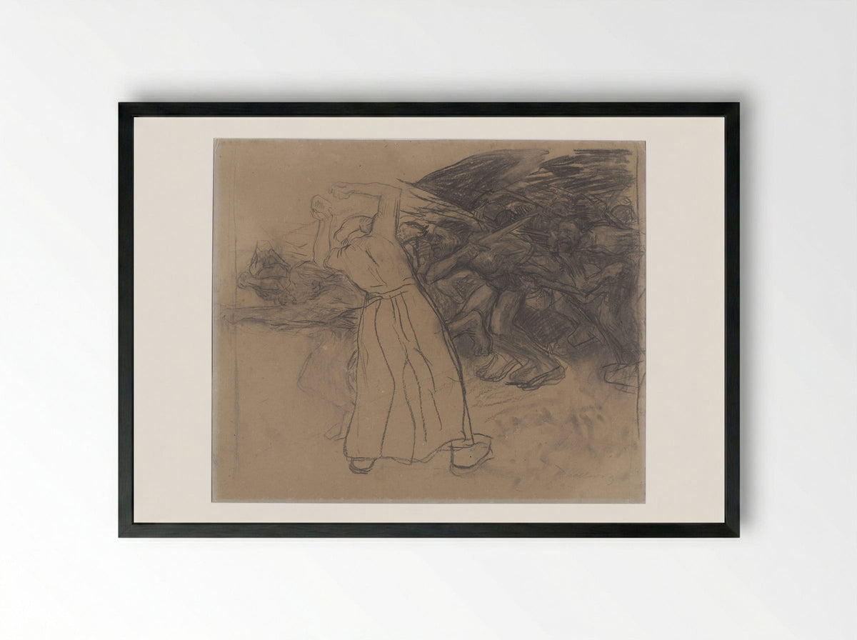 Standing Woman Encouraging a Marching Group of Men - Käthe Kollwitz - Framed Print Black