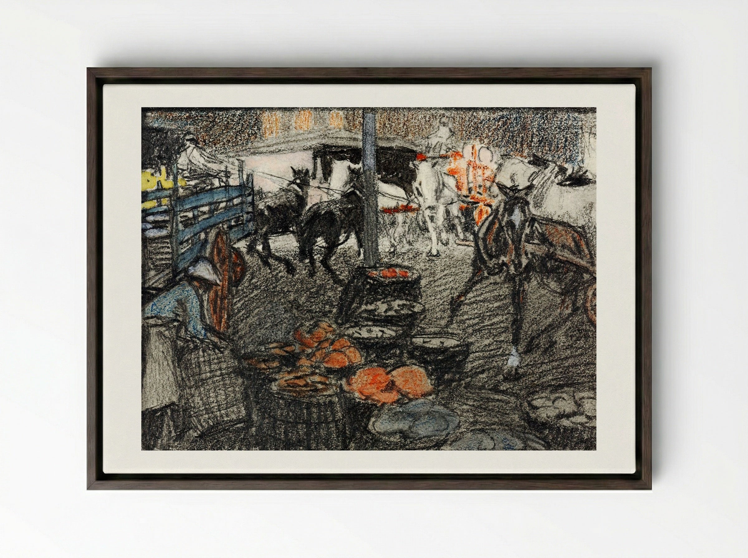 A Busy Market Scene - Edward Penfield - Framed Canvas Dark Wood