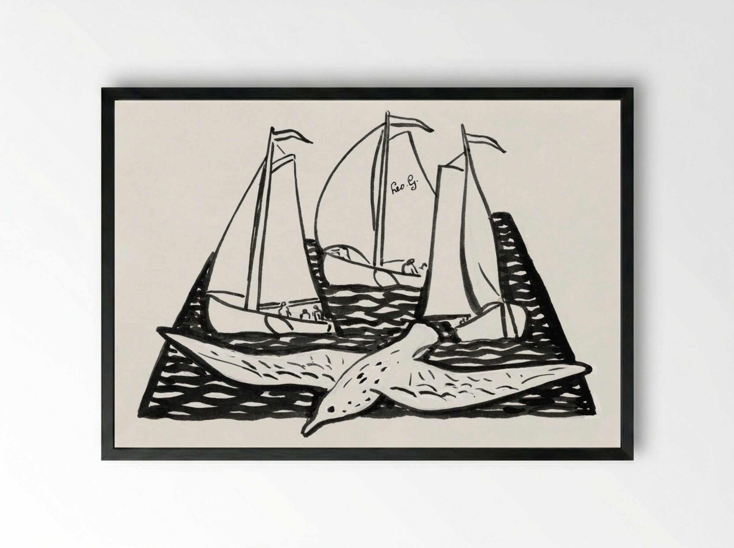 Three Sailing Ships and a Seagull - Leo Gestel - Framed Print Black