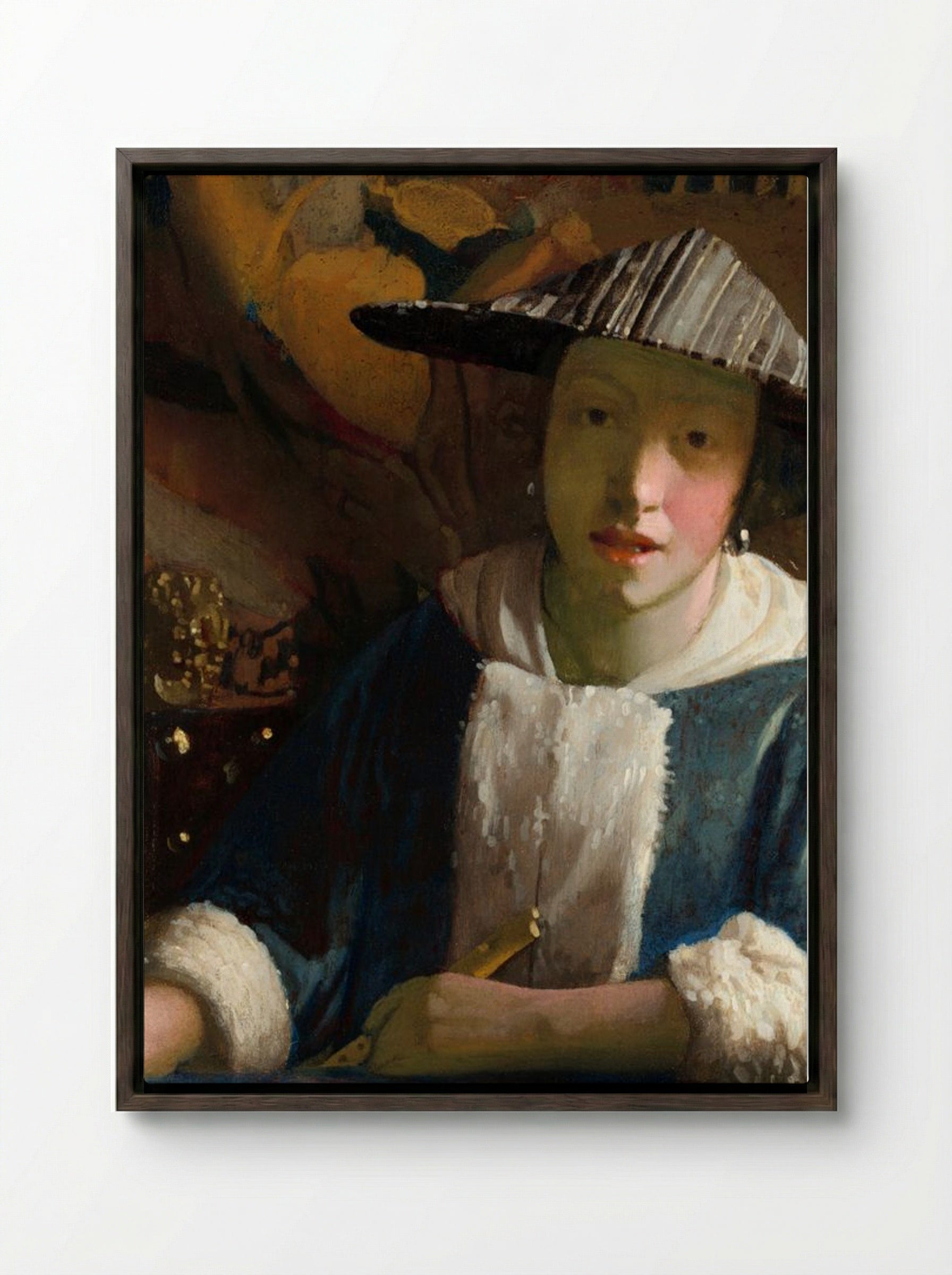 Girl with a Flute - Johannes Vermeer - Framed Canvas Dark Wood