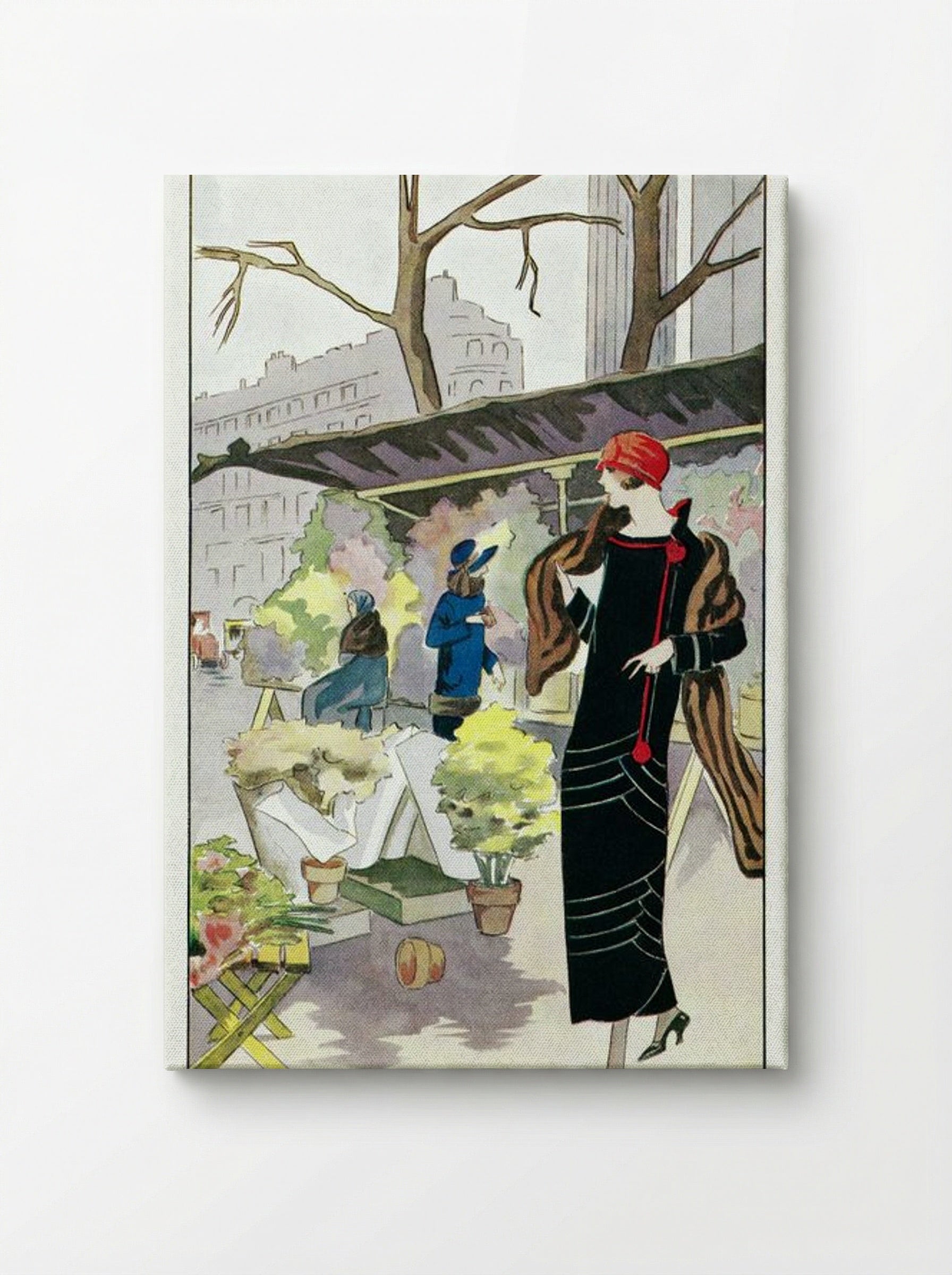 Woman in a Black Velvet Dress at a Flower Stall - Georges Léonnec - Canvas