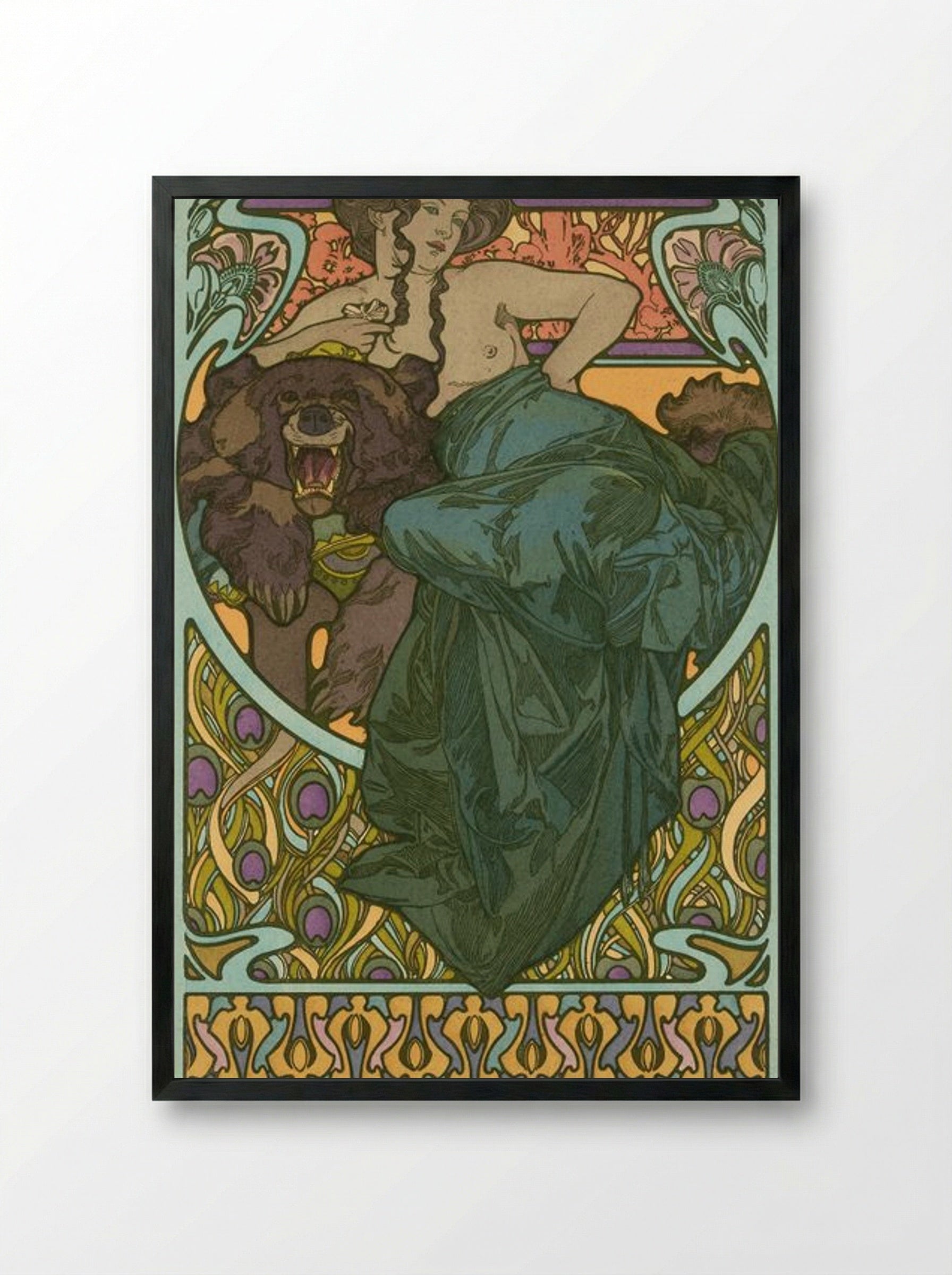 Untitled (Woman with Bear) - Alphonse Mucha - Framed Print Black