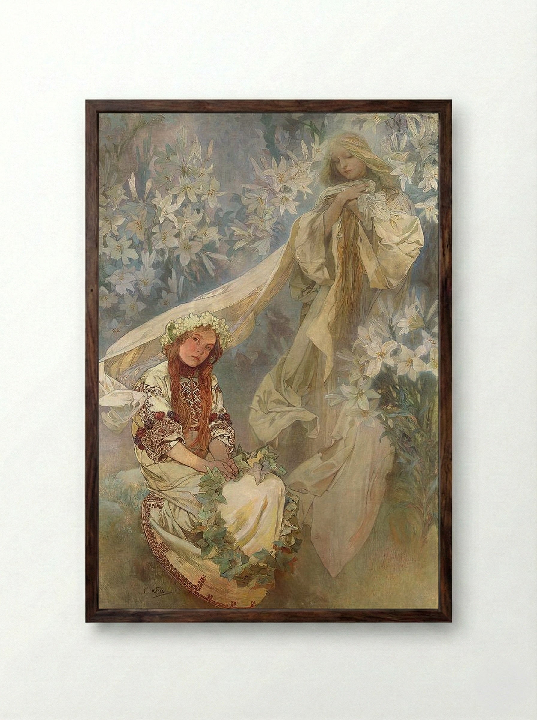 Madonna of the Lilies - Alphonse Mucha - Framed Print Dark Wood