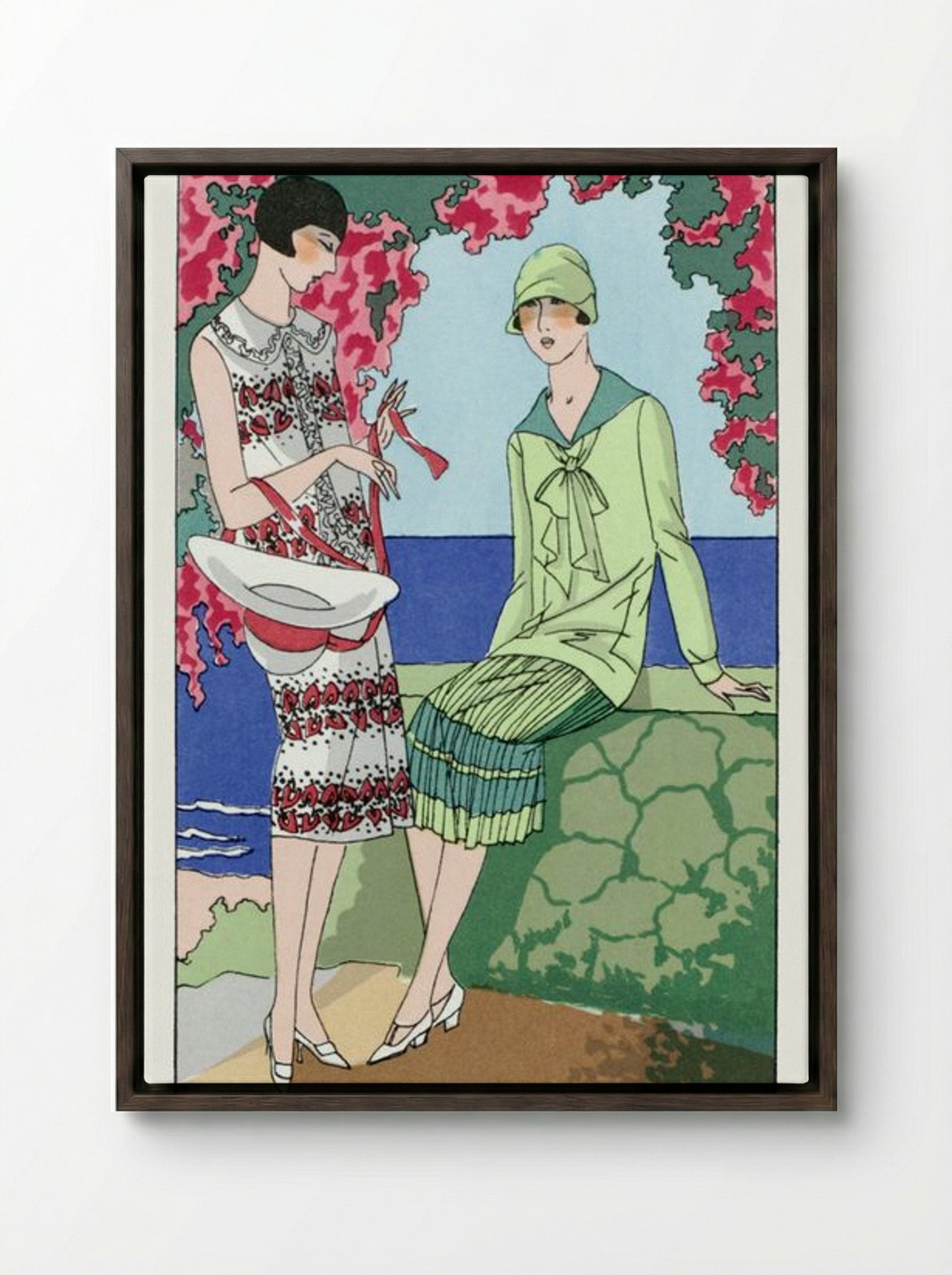 Two Women in Summer Dresses - Martial et Armand and Lucien Lelong - Framed Canvas Dark Wood