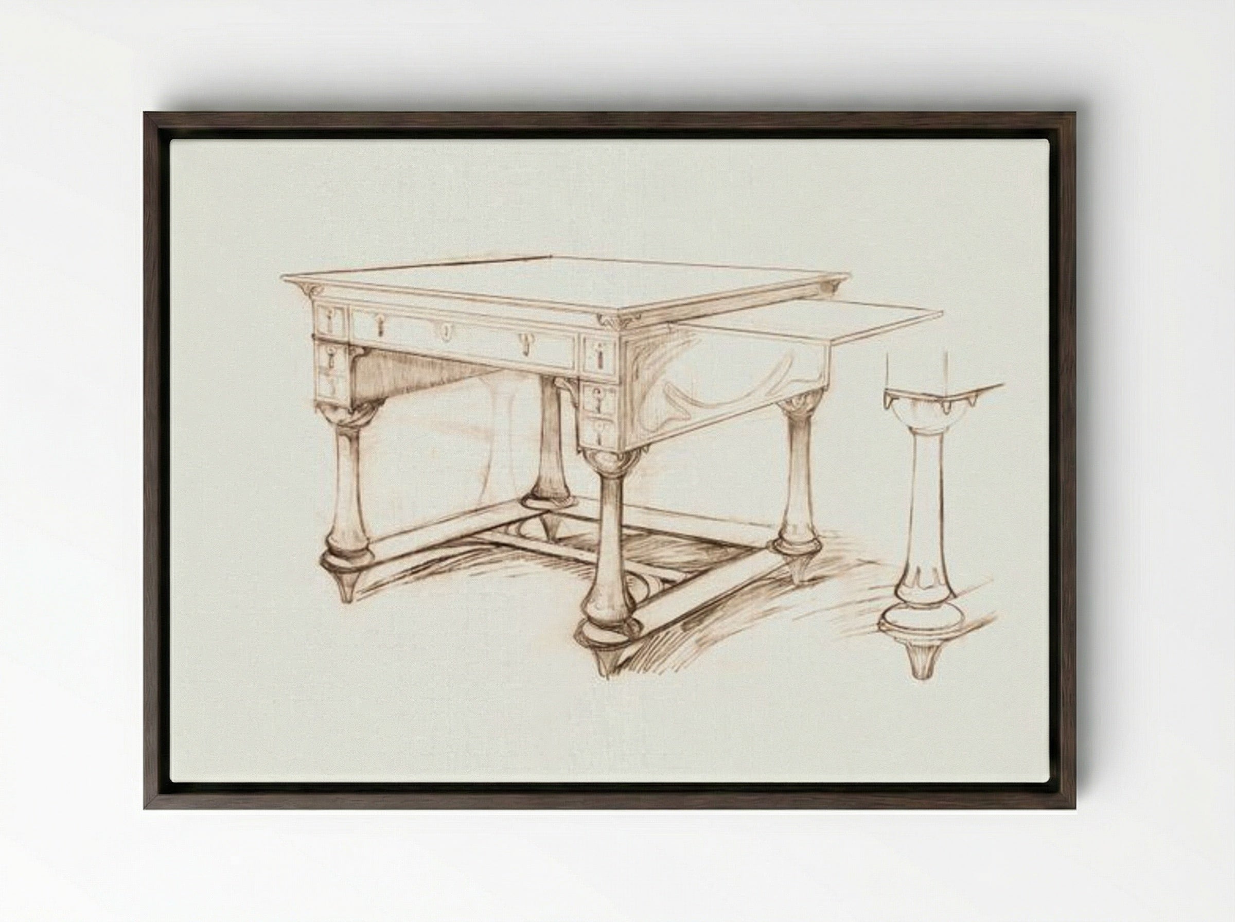 Project of an Office Table - Alphonse Mucha - Framed Canvas Dark Wood