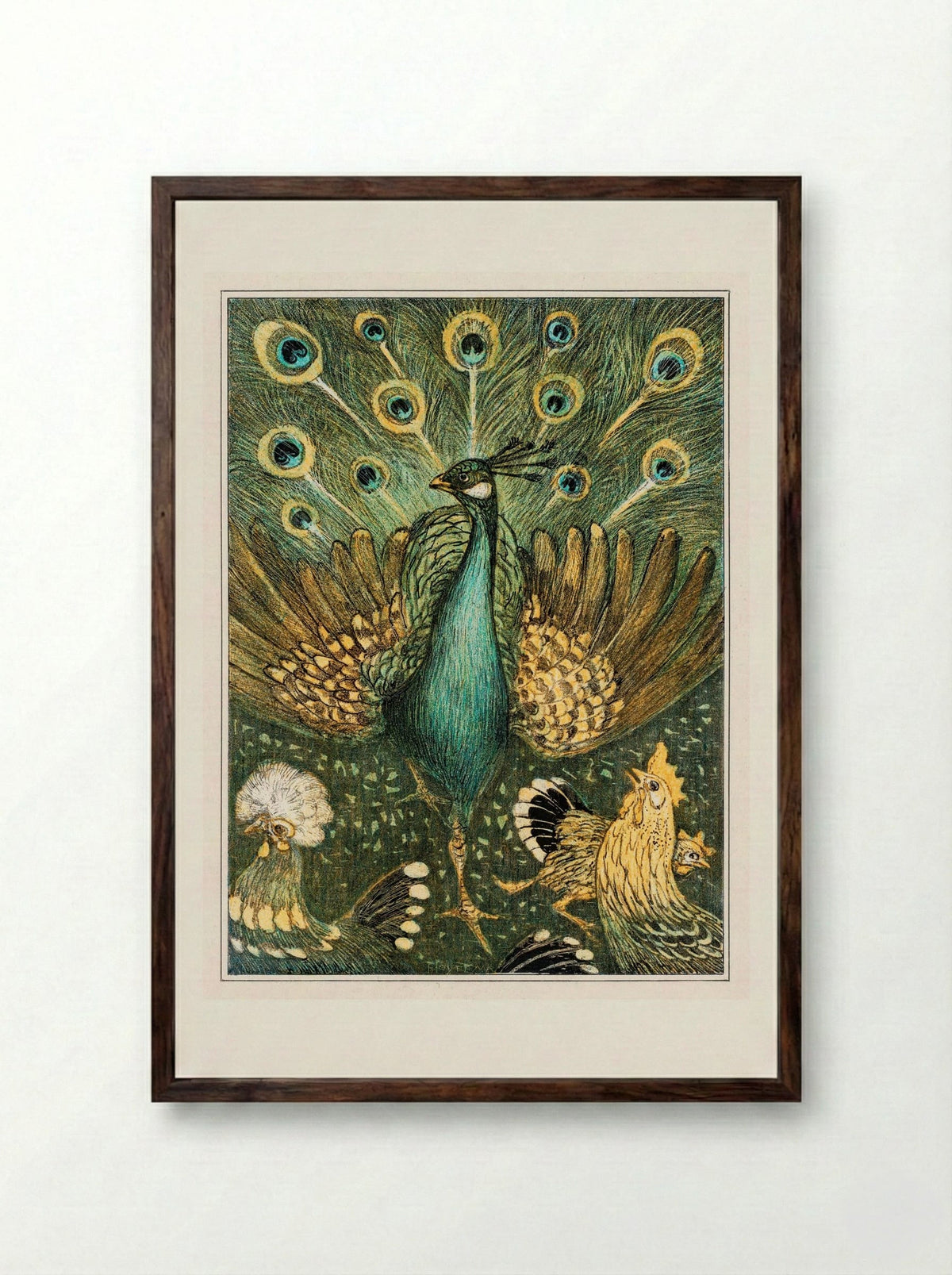Peacock with Chickens - Theo van Hoytema - Framed Print Dark Wood