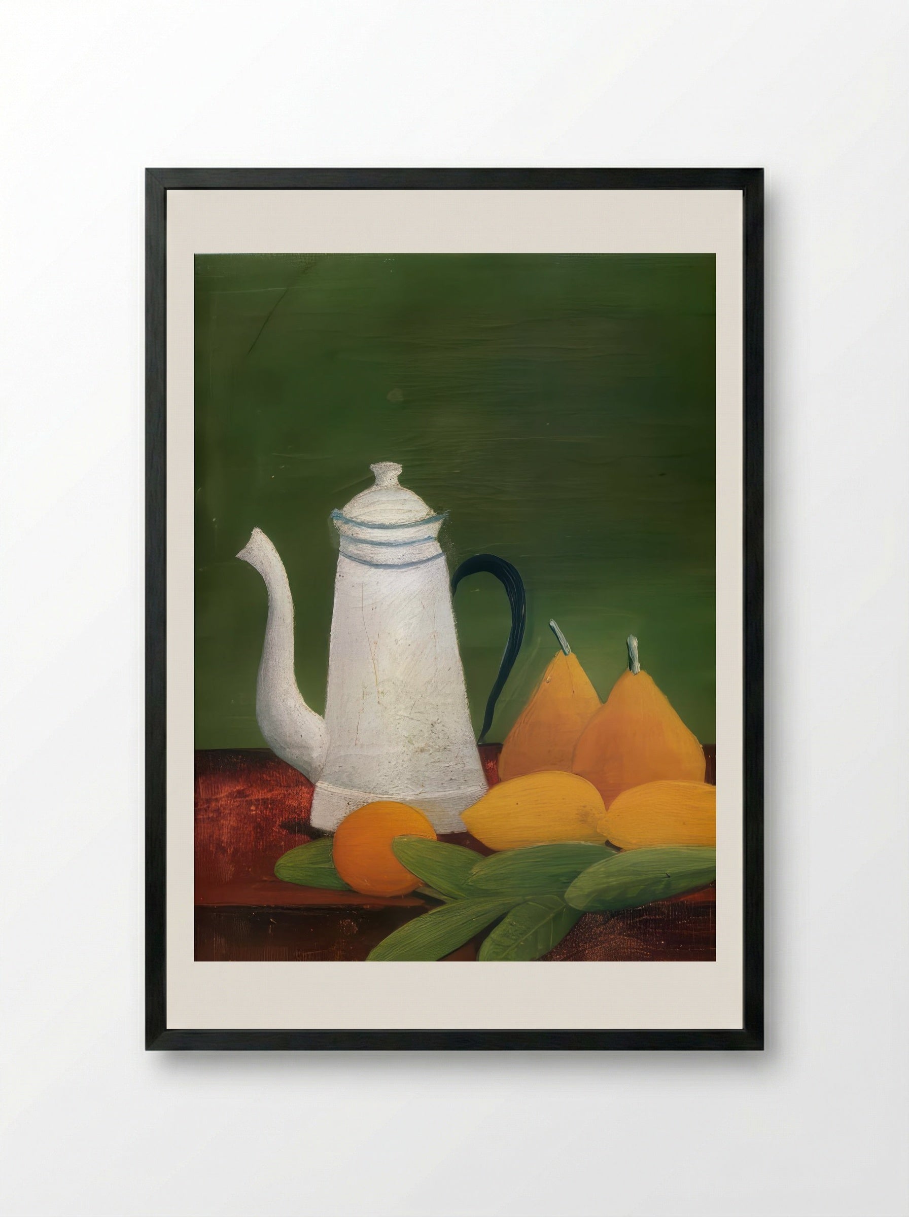 Still Life with Teapot and Fruit by Henri Rousseau – Naïve Art Kitchen Wall Print - Framed Print Black