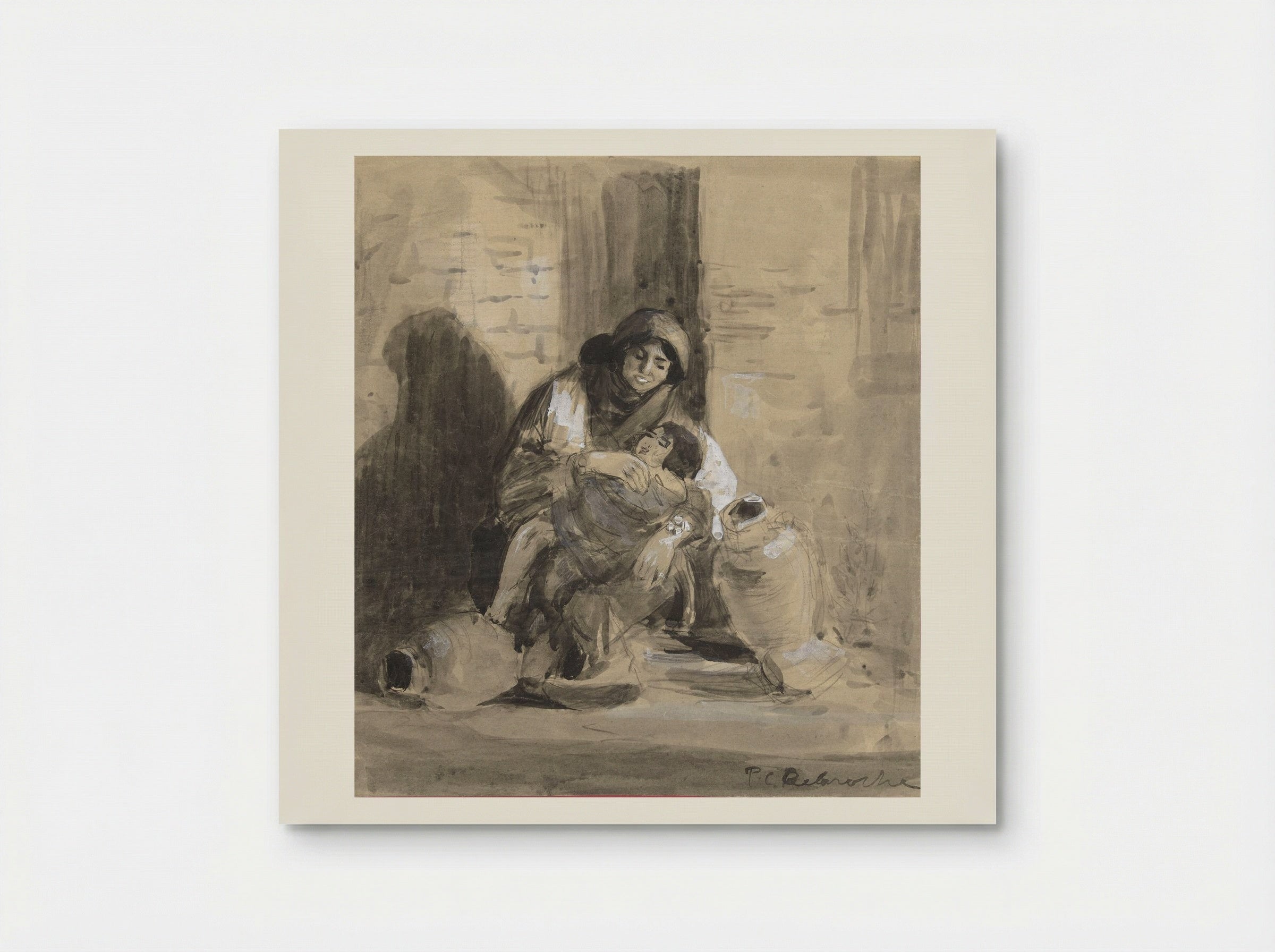 Seated Jewish Woman from Gaza, with her Child and Two Large Pitchers - Paul Delaroche - Poster