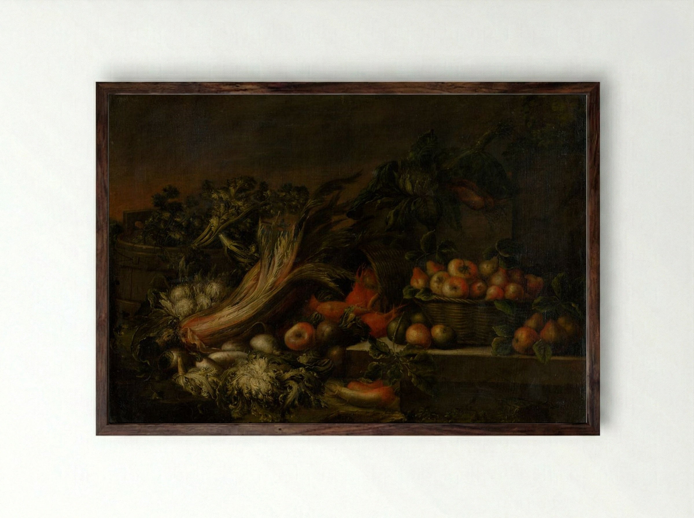 Still Life with Vegetables and Fruit - Fine Art Print - Framed Print Dark Wood