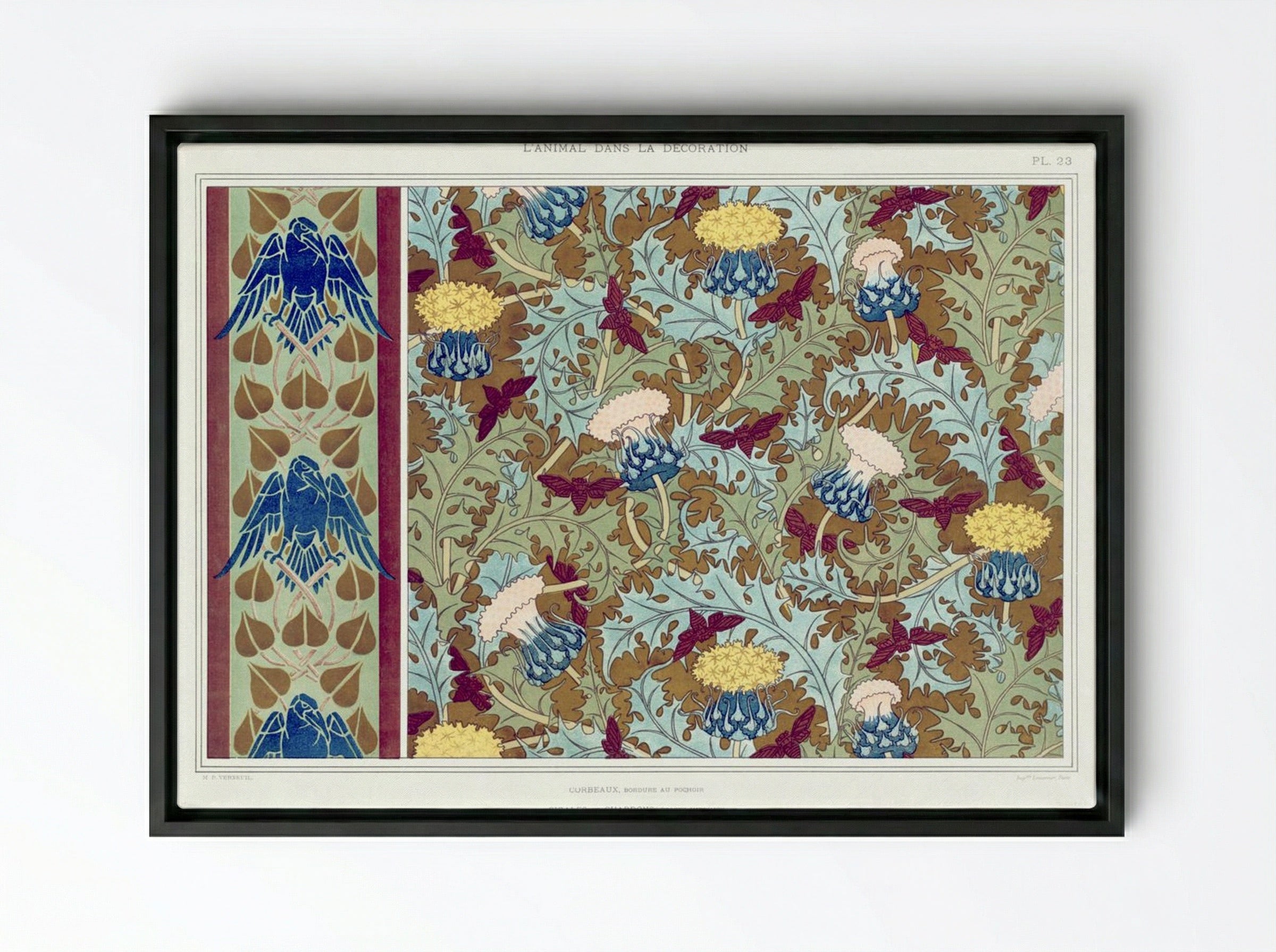 Corbeaux, Cigales et Chardons (Textile Design) - Maurice Pillard Verneuil - Framed Canvas Black
