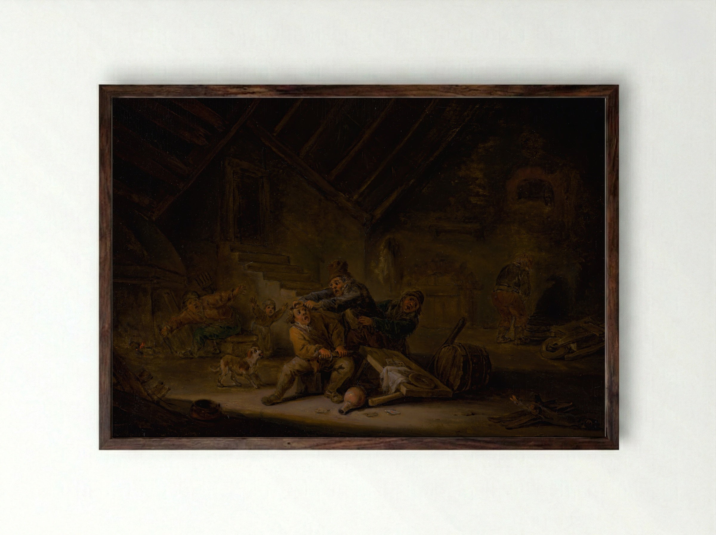 Card Players Fighting in a Tavern - David Teniers the Younger - Framed Print Dark Wood