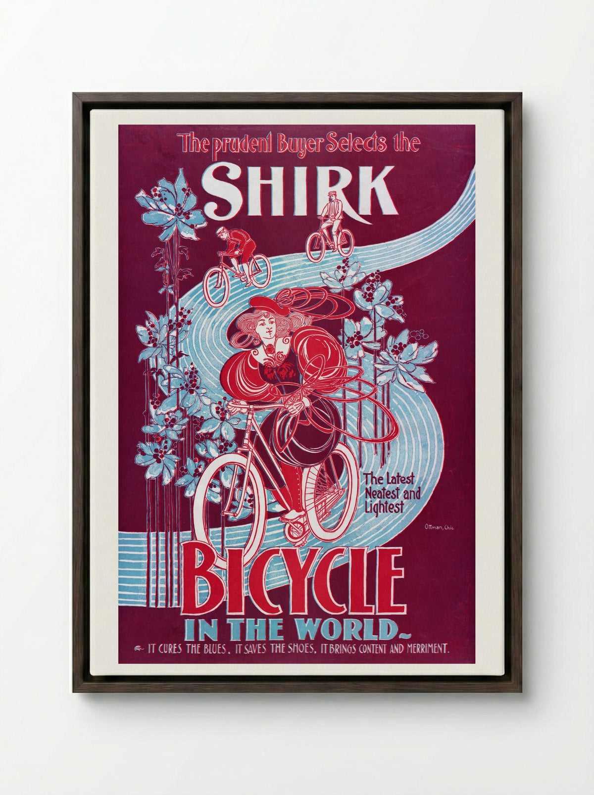 The Prudent Buyer Selects the Shirk Bicycle - Ottmann Lith. Co. - Framed Canvas Dark Wood