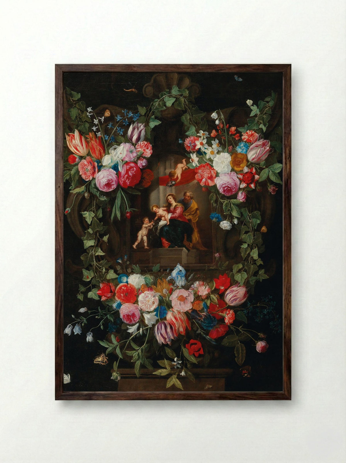 A Wreath of Flowers Surrounding a Cartouche with the Holy Family and Putti - Jan van Kessel the Elder - Framed Print Dark Wood
