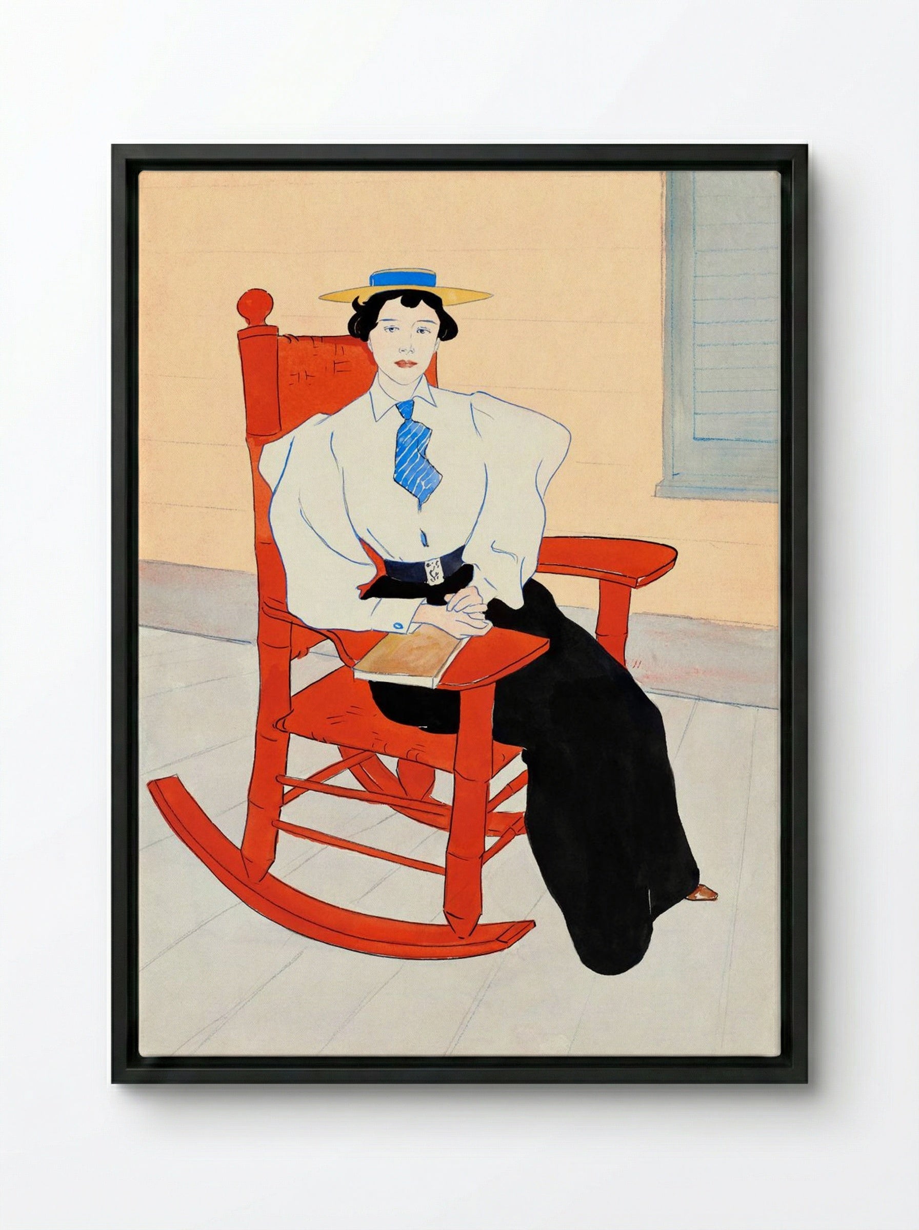 Young Woman Seated in a Red Rocking Chair - Edward Penfield - Framed Canvas Black
