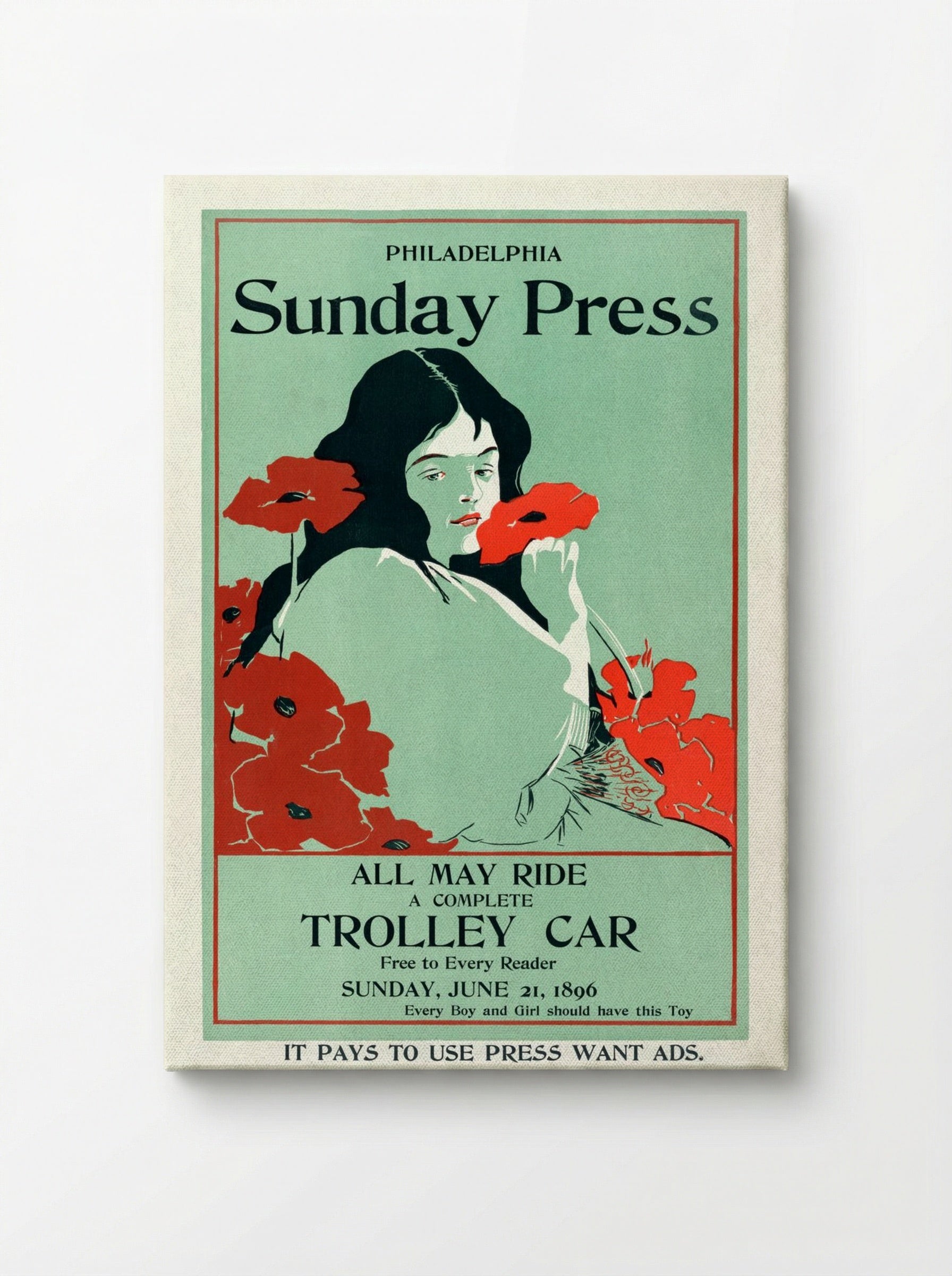 All May Ride: Philadelphia Sunday Press Trolley Car Advertisement - George Reiter Brill - Canvas