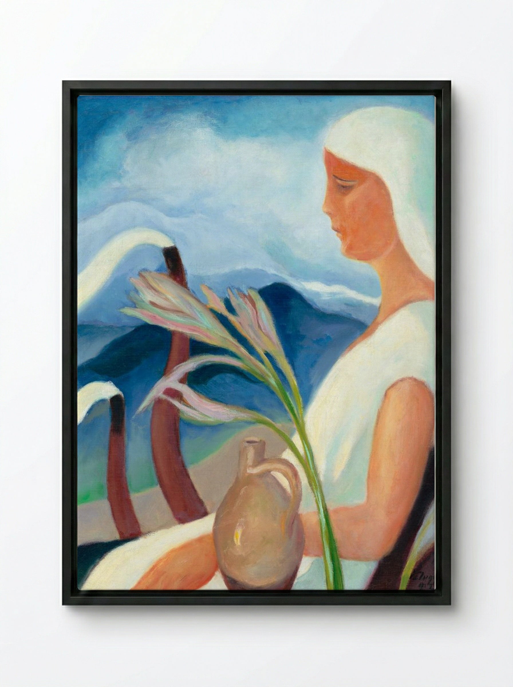 Girl in White with Factory Chimneys and Flowers - Zolo Palugyay - Framed Canvas Black