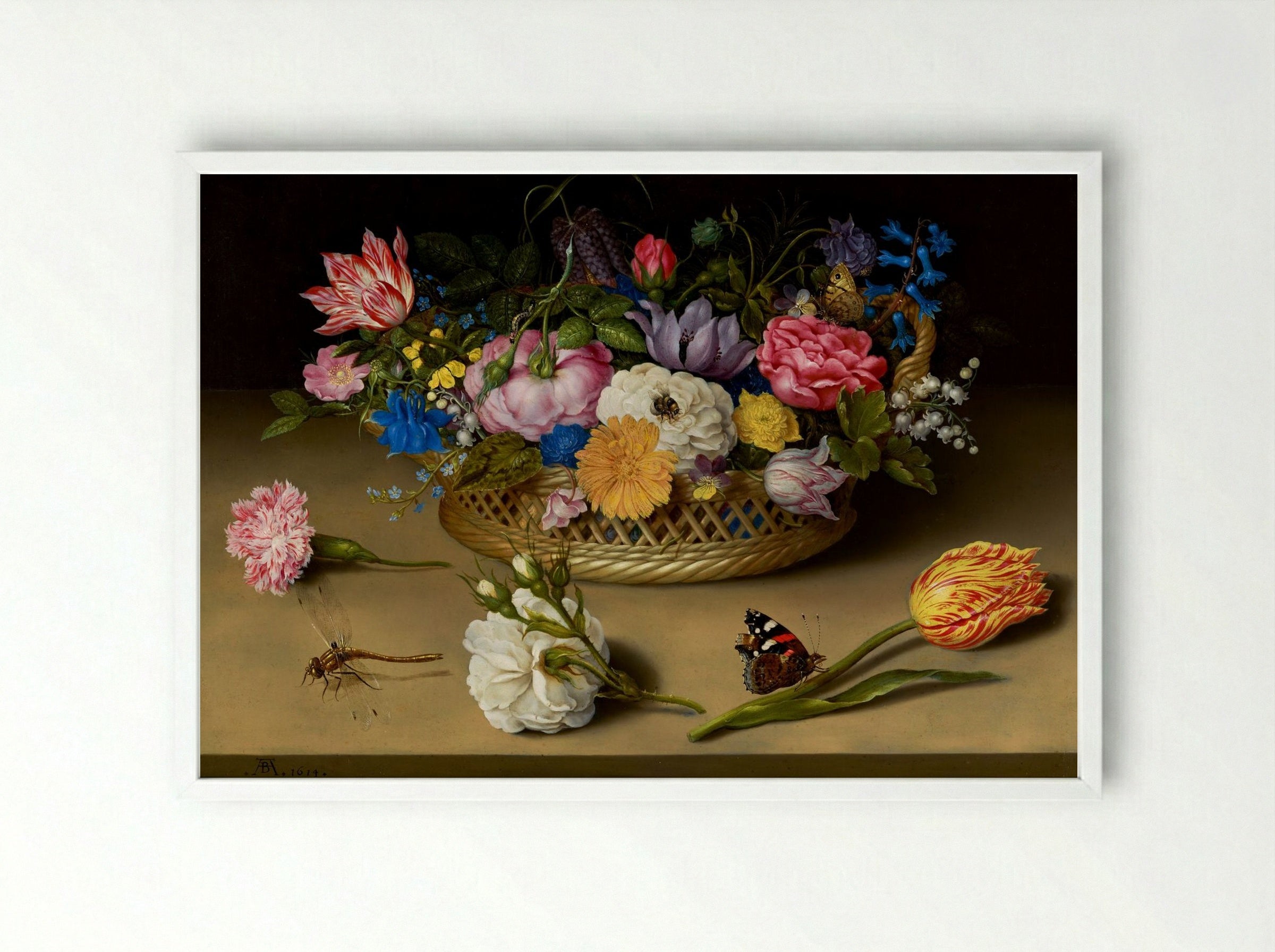 Flower Still Life in a Basket - Ambrosius Bosschaert the Elder - Framed Print White