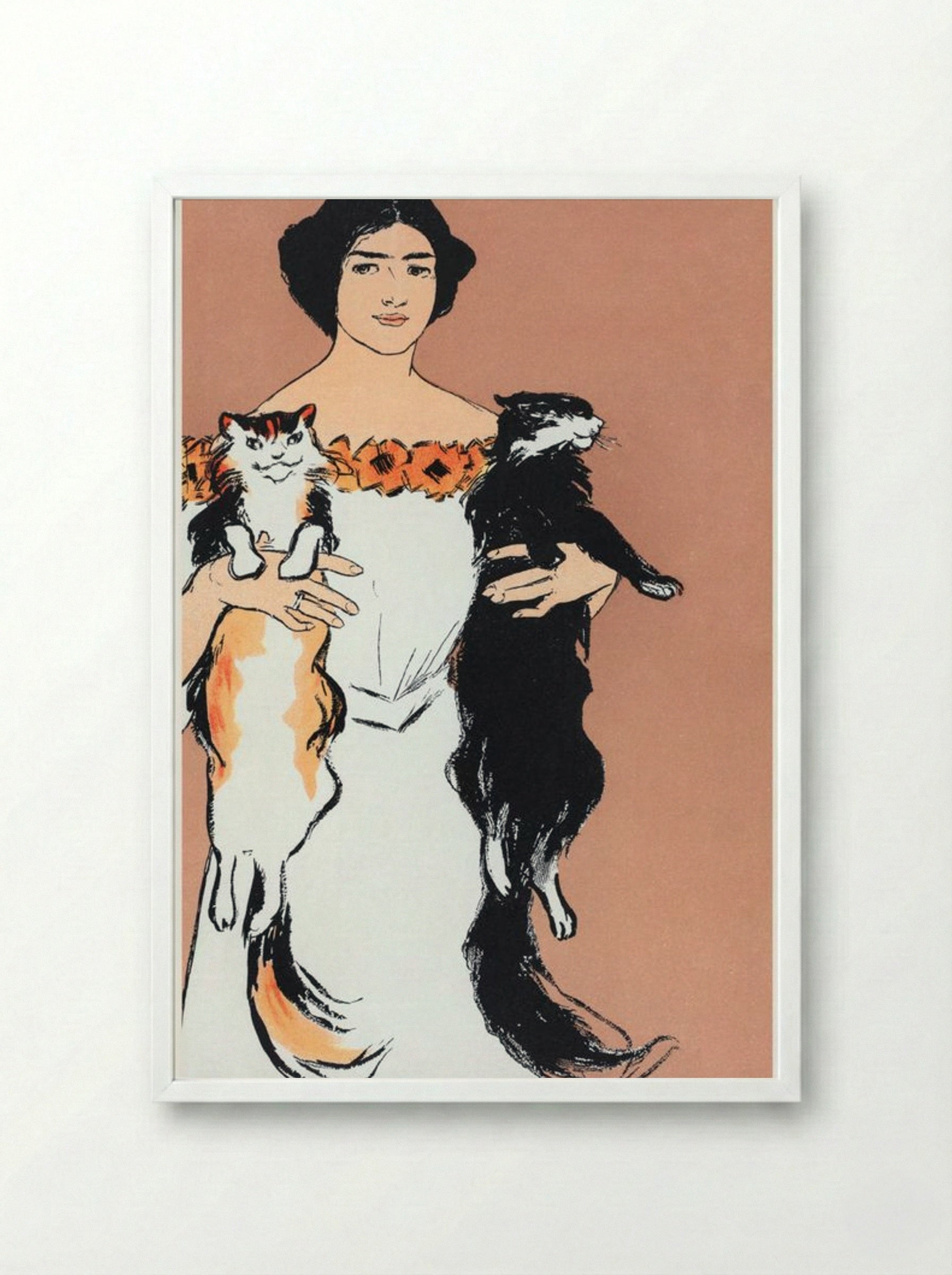 Woman Holding Cats - Edward Penfield - Framed Print White